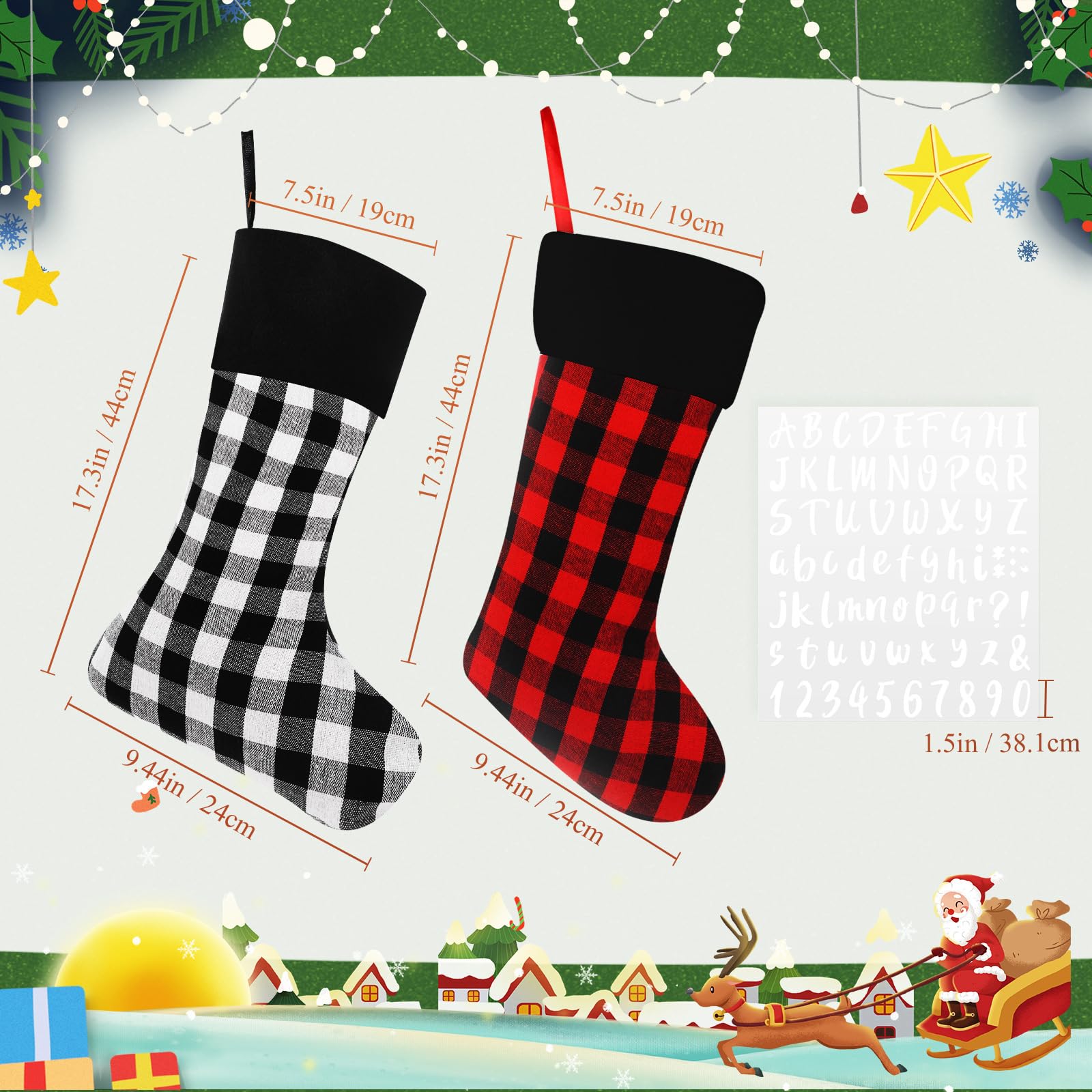 Tatuo Lot de 6 chaussettes de Noël en toile de jute à suspendre pour décoration d'arbre avec 4 feuilles d'autocollants en vinyle (noir, rouge et blanc)