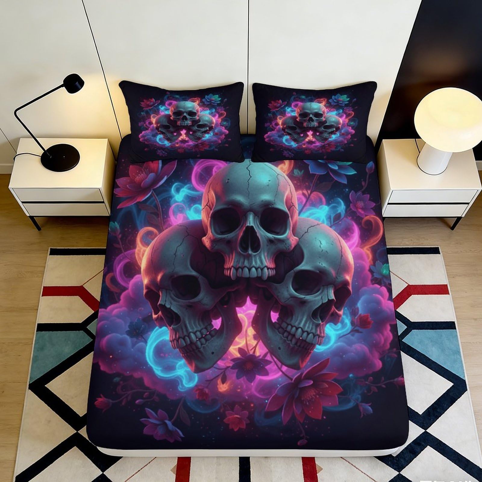 Uynsixtme Style-9 3D Printed Skull Fitted Sheet Microfiber Deep Pocket Bedroom Bedding Set Skull Mattress Fitted Cover Non-Slip Full Wrap Washable For Adults Teens 140X200x25cm
