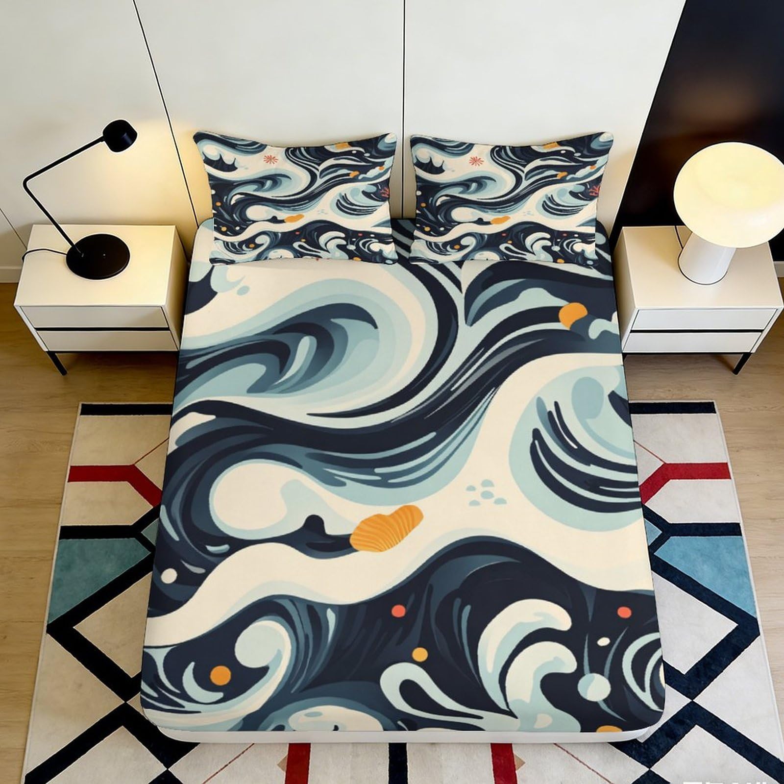 3D Printed Ocean Wave Fitted Sheet Microfiber Soft Blue Abstract Fish Mattress Cover for Bedroom Dorm Decor 90x200x25cm
