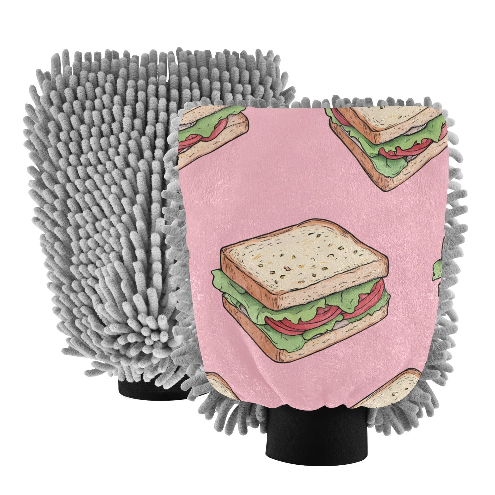 STAYTOP Vegetable Sandwiches Car Wash Mitt Microfiber, 2Pcs Scratch Free Lint-Free, Premium Chenille Microfiber Mitt Car Wash Brush-L