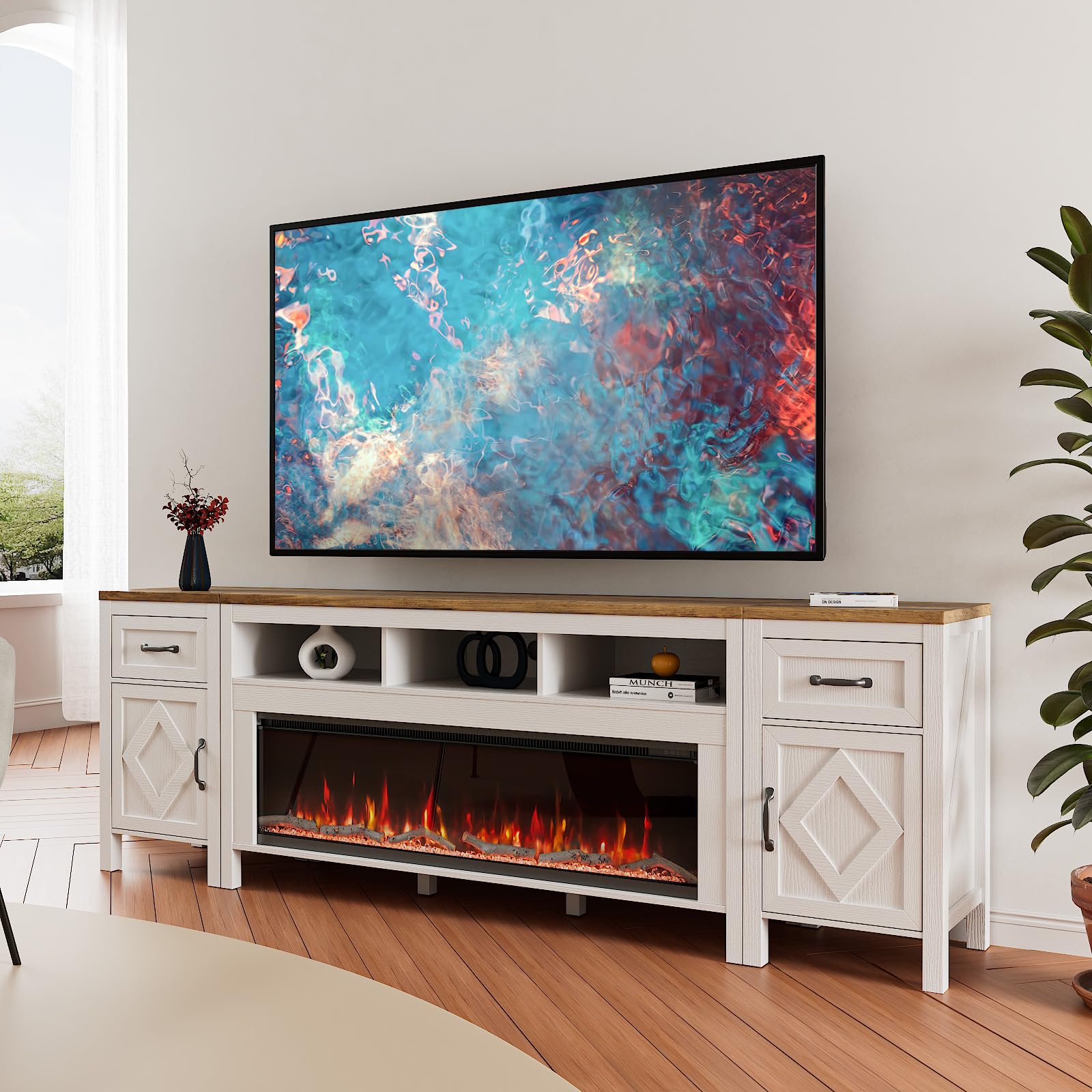 BVIUNTWO 88 Inch Fireplace TV Stand for TVs Up to 95 Inch,Modern Entertainment Center with 50" Electric Fireplace,White TV Console with Storage