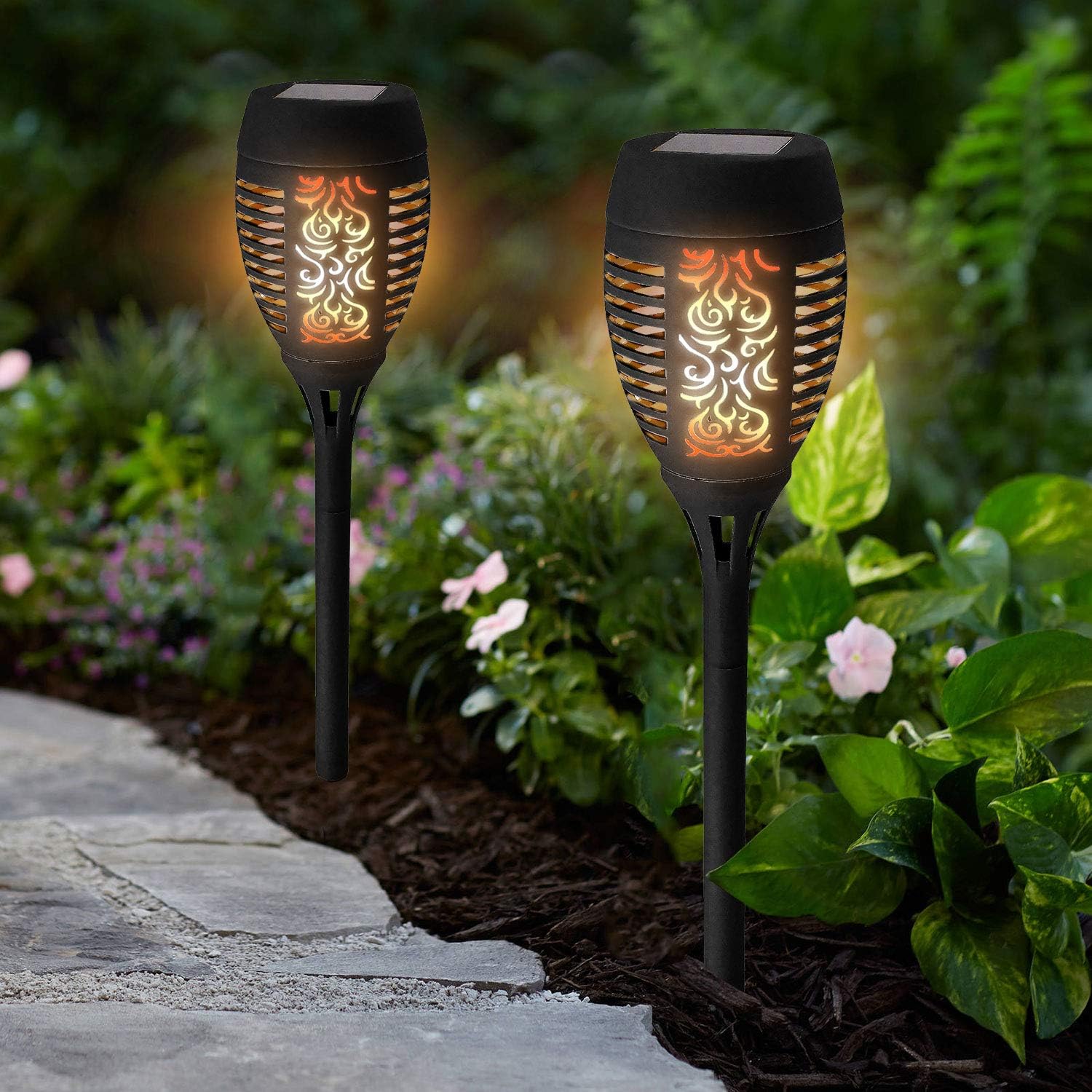 2 Pack 36 LED Solar Torch Light Lantern Dancing Flickering Flame Effect Stake Stick Light Waterproof Outdoor Garden Landscape Path Lamp, Black