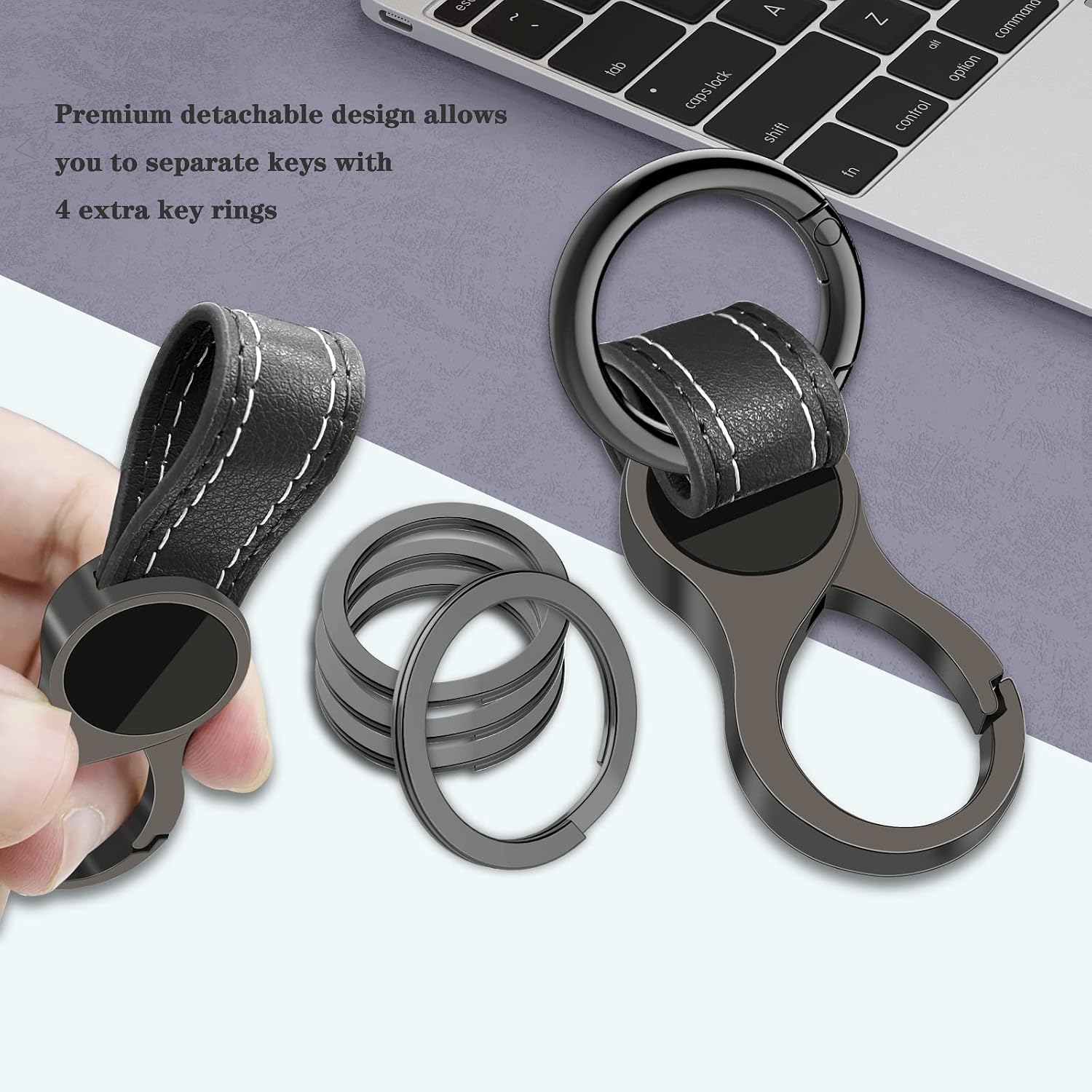 Idakekiy Key Chain with 4 Key Rings and Quick Release Carabiner Clip Leather Car Keychain for Men and Women