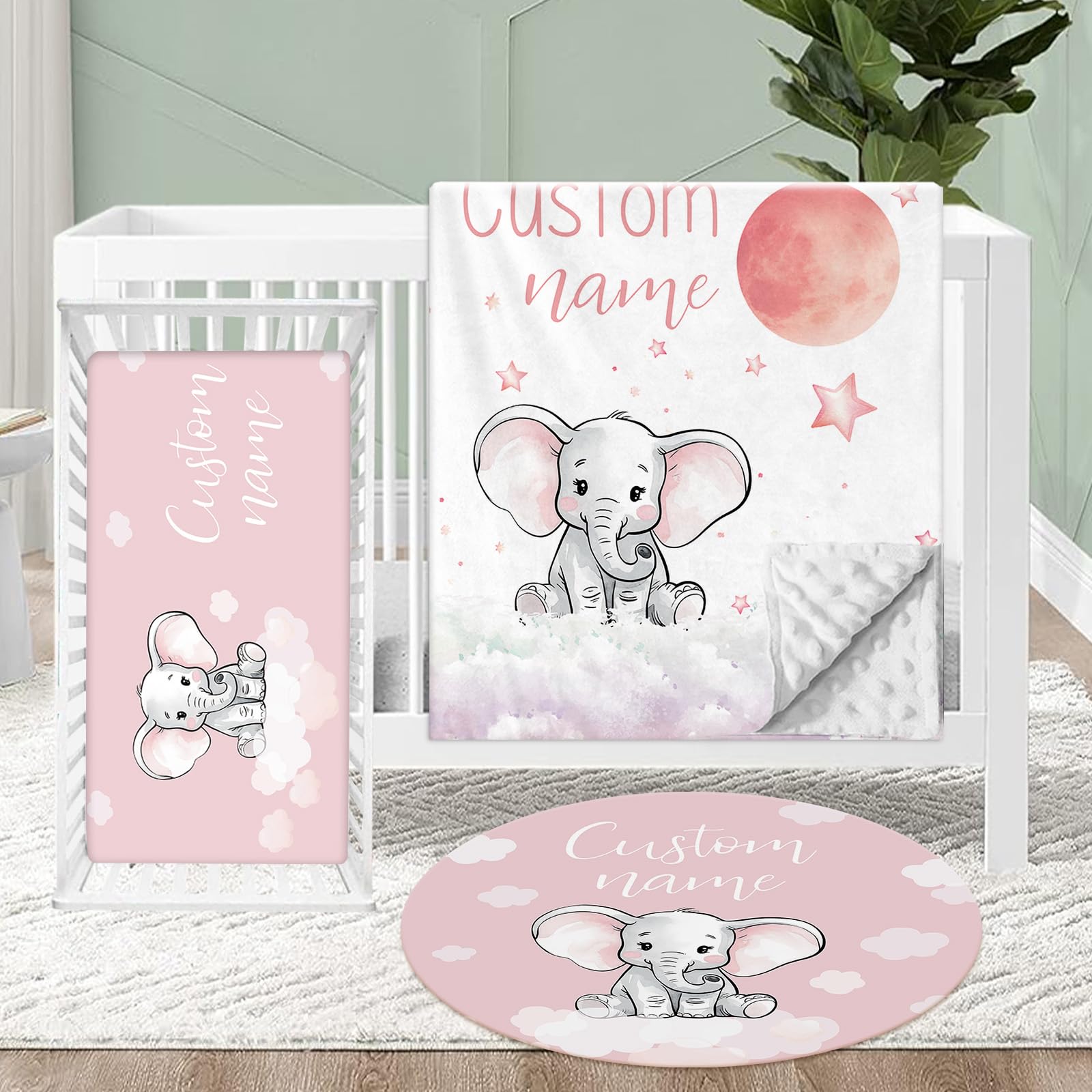 KAINSY Personalized Crib Bedding Set for Baby, Soft Girls Nursery Bedding Crib Sets, 3 Pcs Double Layer Custom Name Baby Crib Set, Pink Elephant Baby Bedding Set, Toddlers Infants Customized Gifts