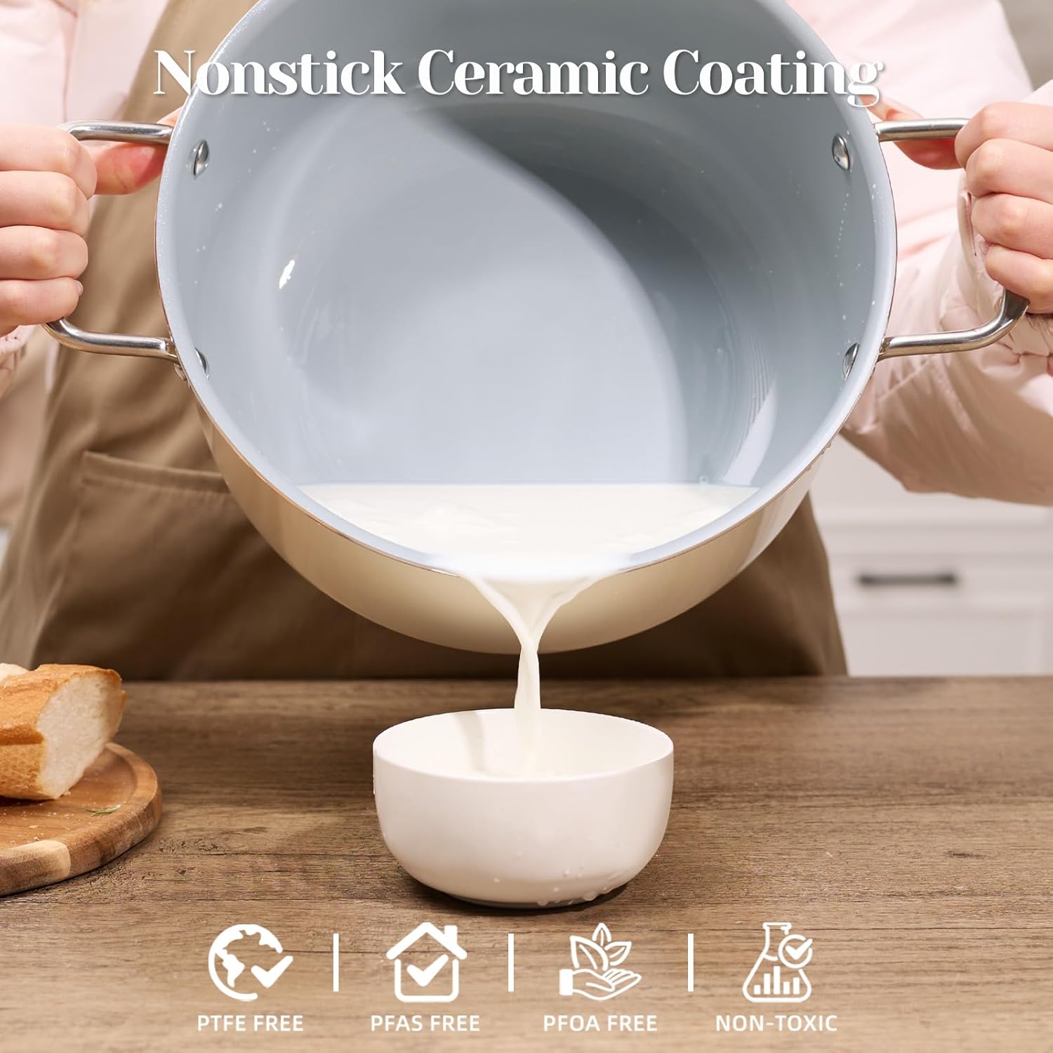 Ceramic Nonstick Stock Pot with Lid 8 QT Large Induction Cooking Pot with Stainless Steel Handles, Non Toxic Soup Pot for Stews, Oven & Dishwasher Safe, Cream White
