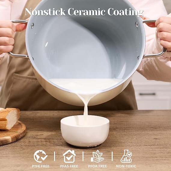 Ceramic Nonstick Stock Pot with Lid 8 QT Large Induction Cooking Pot with Stainless Steel Handles, Non Toxic Soup Pot for Stews, Oven & Dishwasher Safe, Cream White