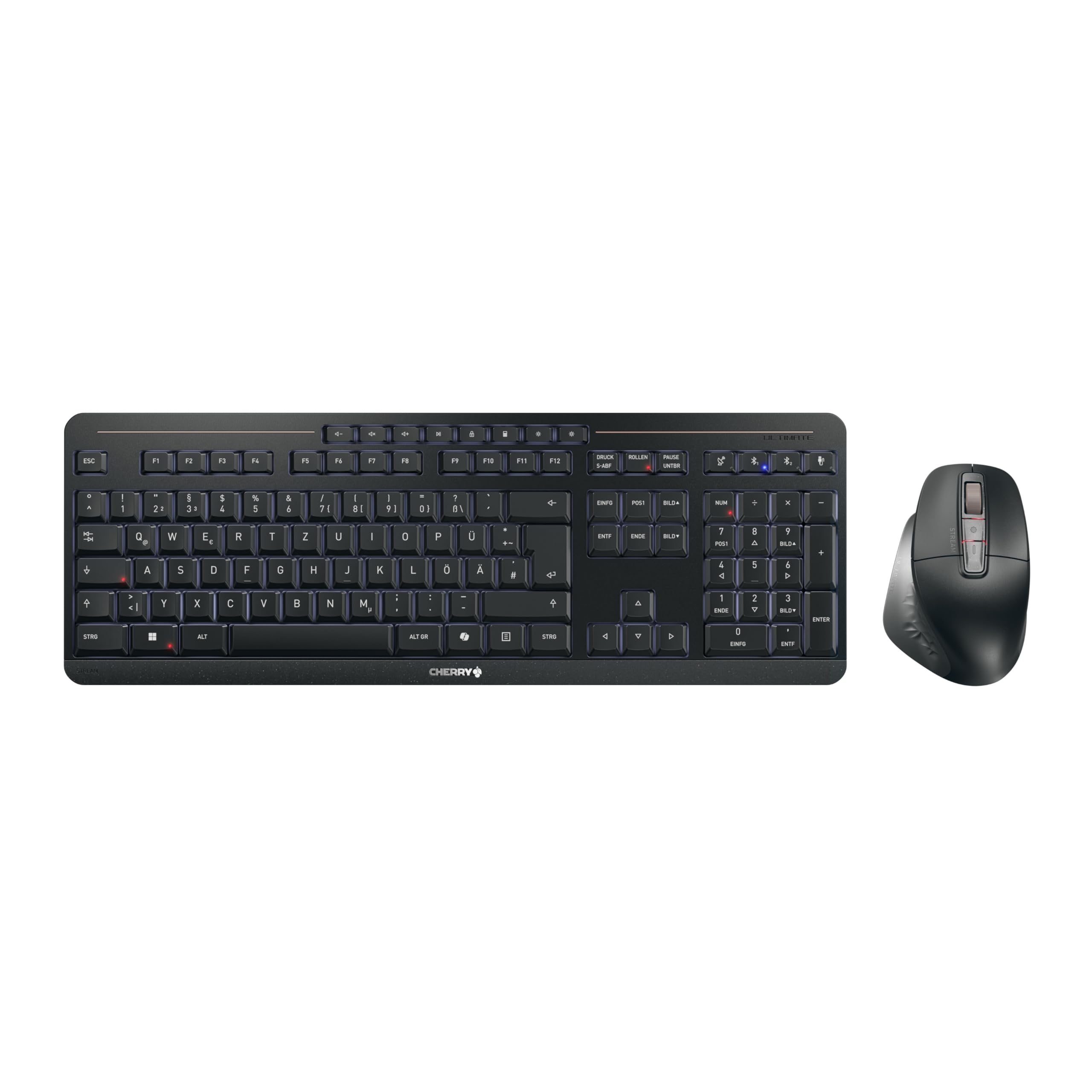 CHERRY STREAM DESKTOP ULTIMATE, Bezprzewodowy Zestaw Klawiatura-Mysz Do Wielu Urządzeń, Układ Niemiecki (QWERTZ), Z Ergonomiczną Myszą, Akumulatorowy, Czarny