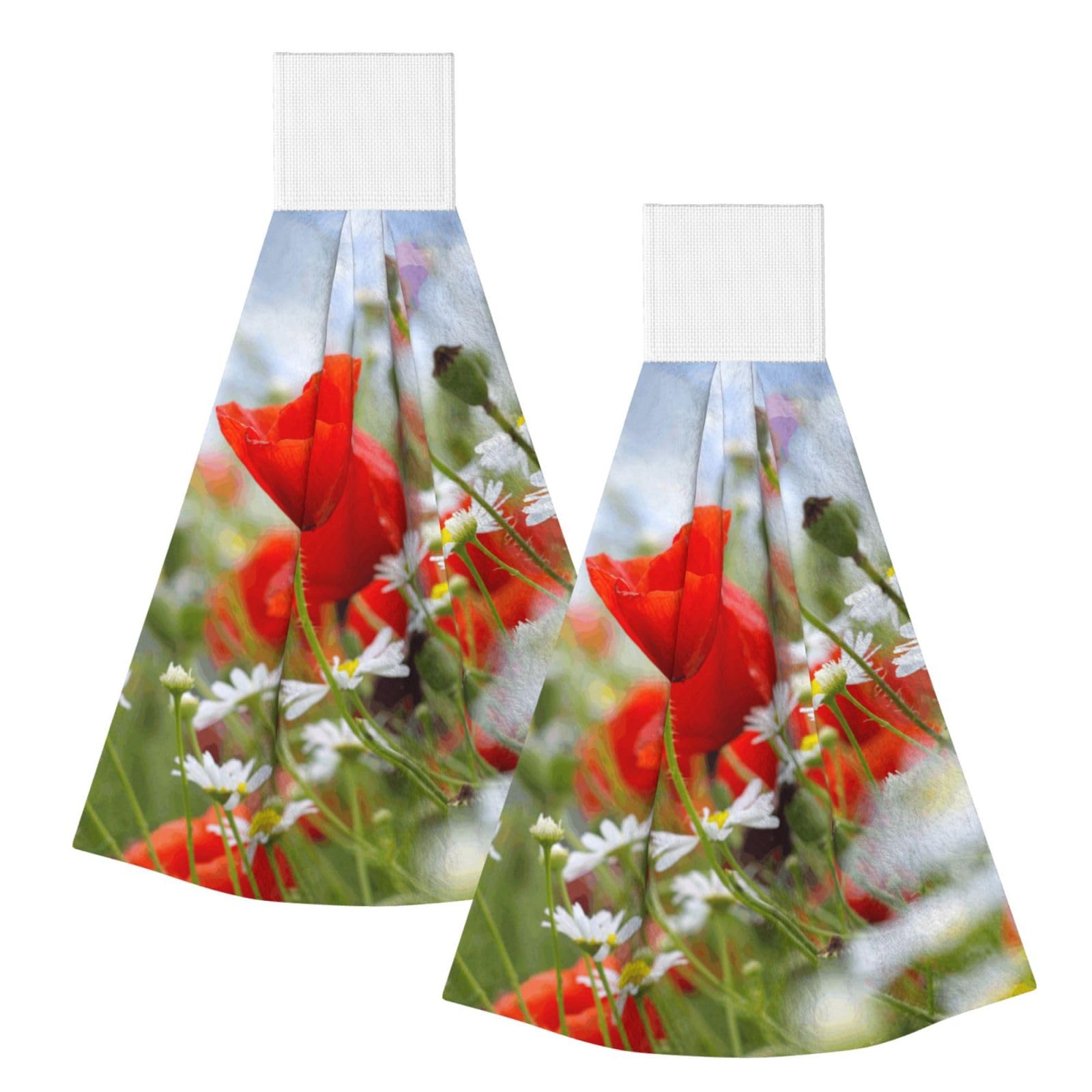 DOPKLNA Meadow And Daisy Flowers, 2 Pcs Hanging Coral Fiber Hand Towels for Bathroom, Absorbent Kitchen Towels