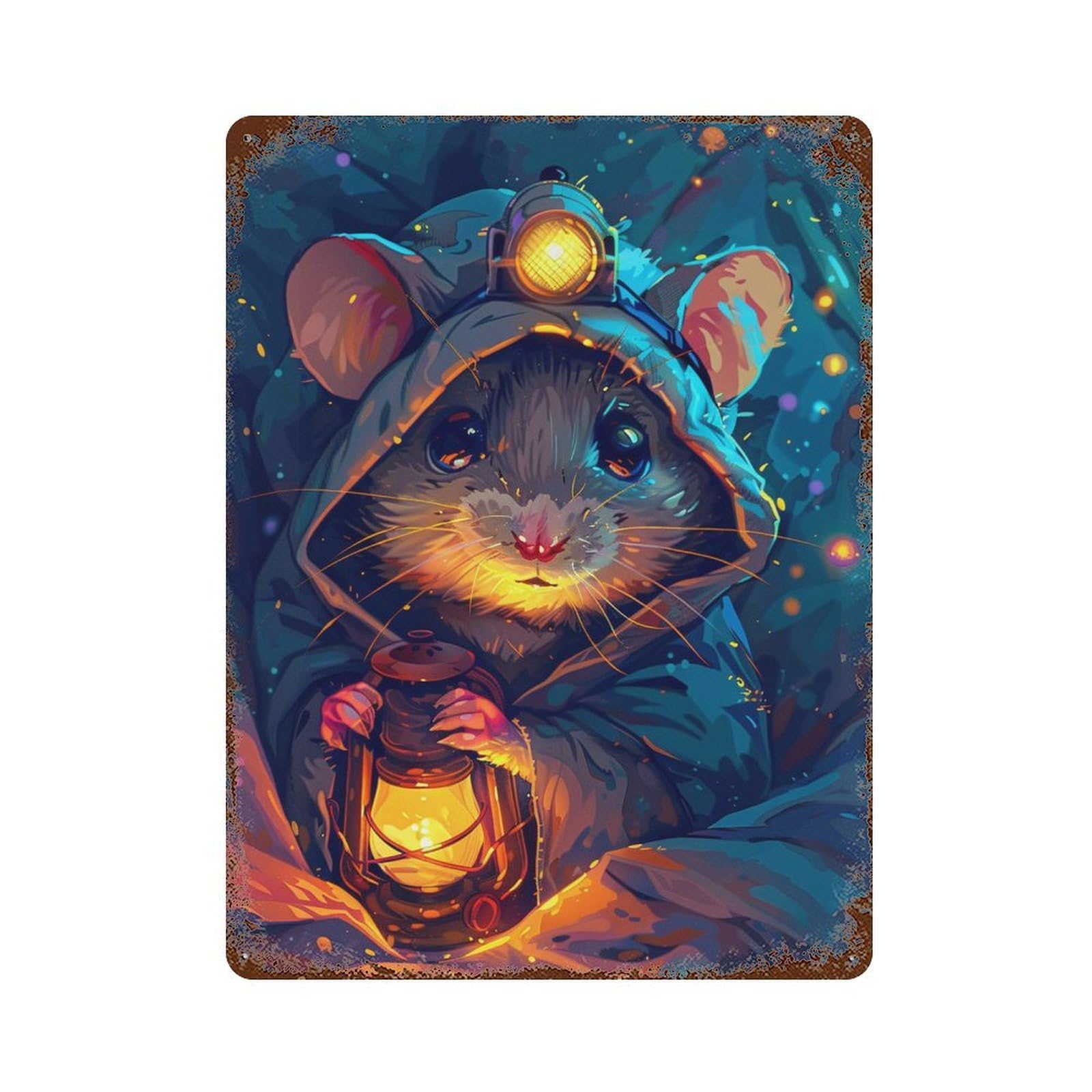 Rusty Metal Tin Sign Steampunk Mouse Lantern Adventure 15.7"x11.8", Rustic Home Decor for Shed, Workshop And Garage Wall Decor