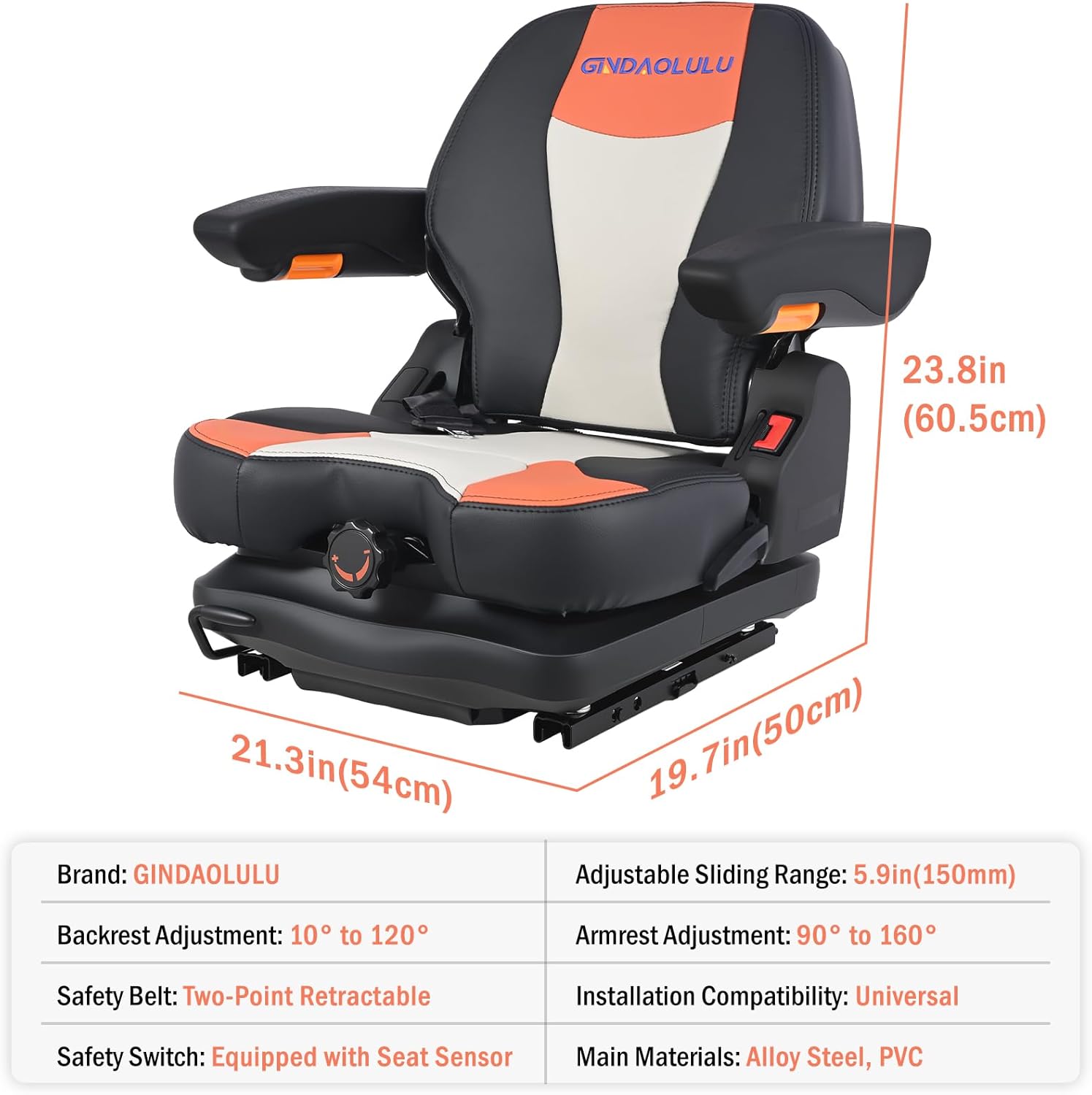 Universal Forklift Seat, Tractor Suspension Seats with Adjustable Backrest, Armrests and Seat Belts; Suspension Seat for Zero Turn Mower with Safety Folding Design and Micro Switch