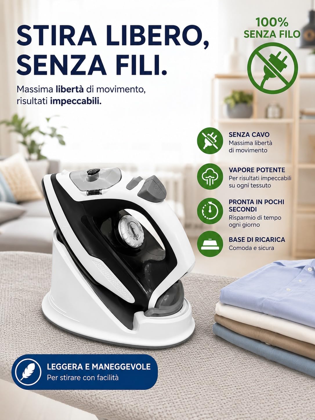 Ferro da Stiro a Vapore 1600 W senza fili Ferro da Stiro per Vestiti, Spegnimento Automatico, Autopulente, Quattro Impostazioni di Temperatura, Riscaldamento Rapido, Antigoccia