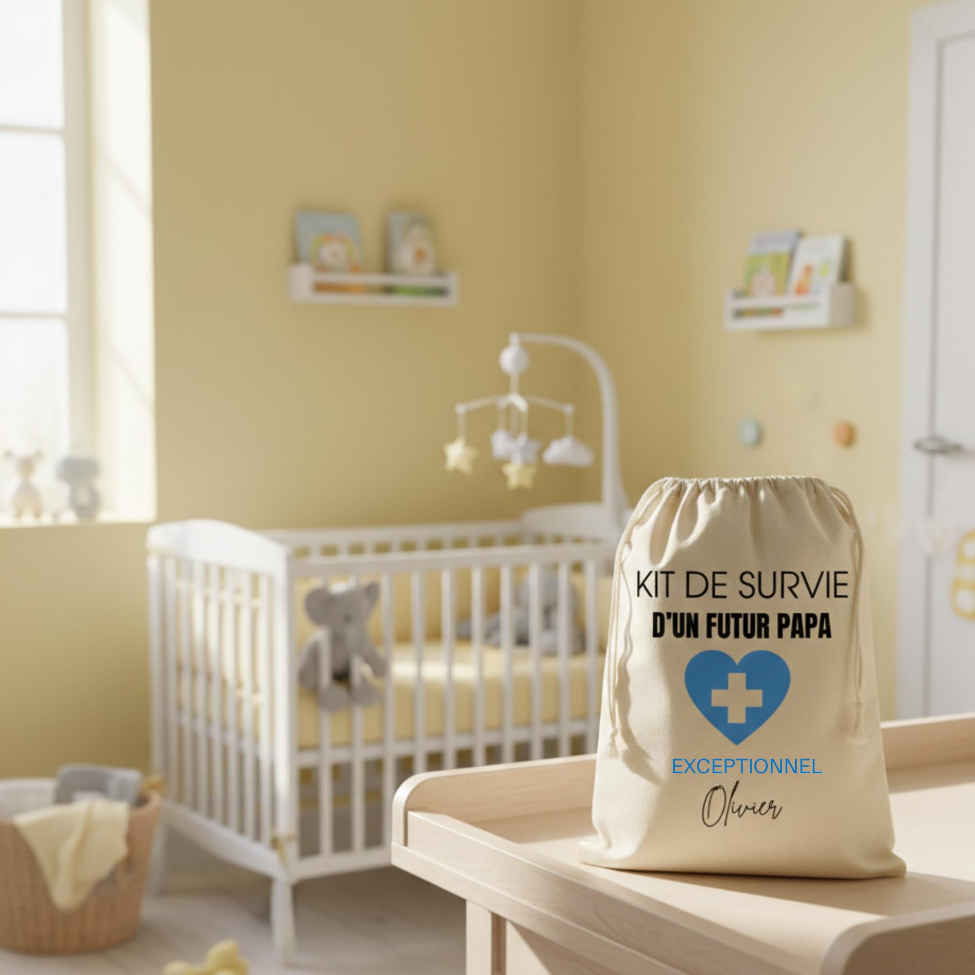 Kit de Survie Futur Papa Personnalisé avec prénom, Pochon Cadeau 34 x 23 cm