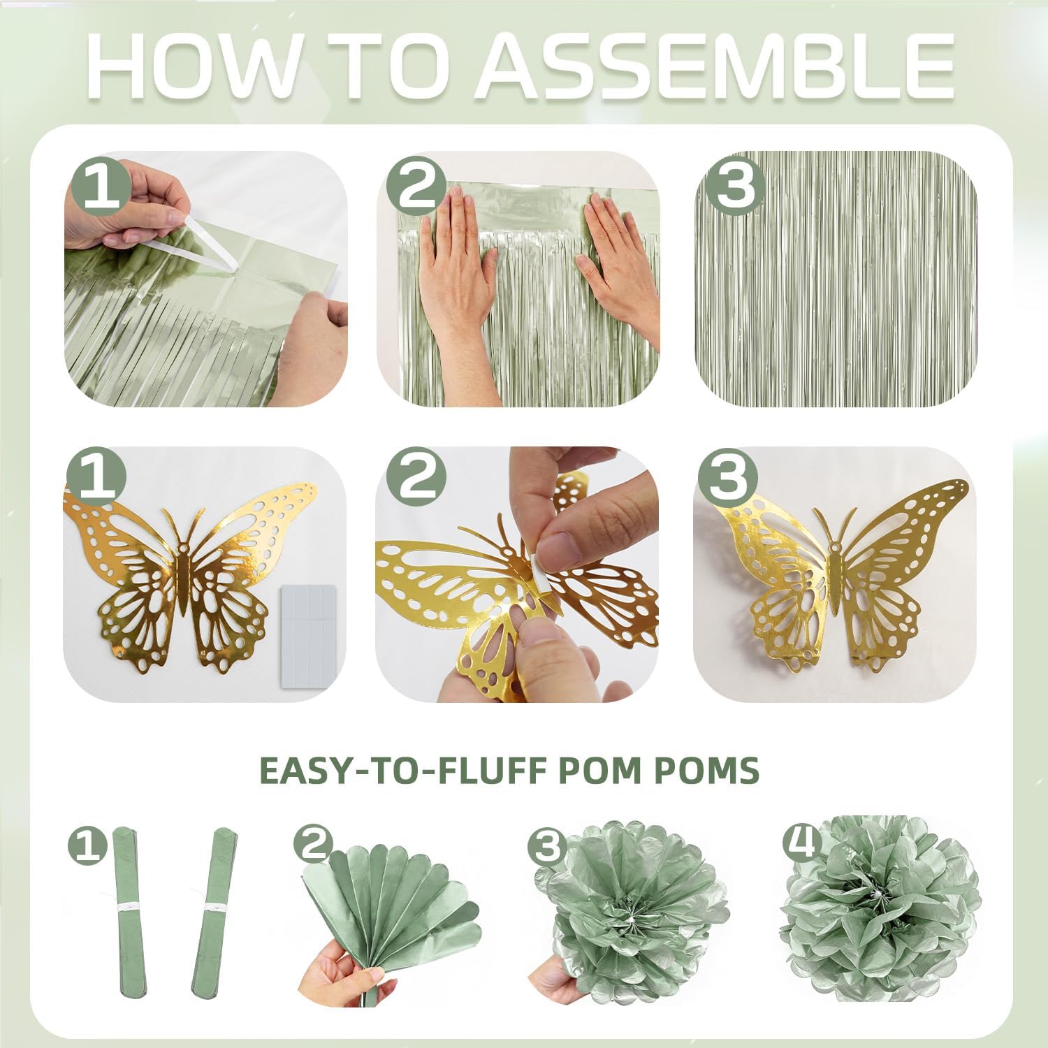 Sage Green Birthday Decorations for Women Girls - Happy Birthday Decorations Party Supplies Kit with Sage Green Balloons, Gold Confetti, Butterfly Stickers, Fringe Curtain, Paper Pompoms image 4
