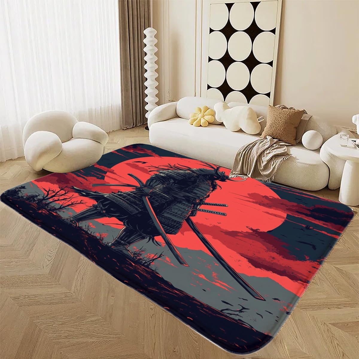 Red Sun Warrior Carpet, Anime Area Rug, Suitable for Bedroom Living Room Entrance, Asian Antique Floor mat, Indoor Floor Home Decor Rug, Machine Washable Non-Slip Soft Printed Rugs 5' x 6'8''