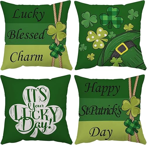 Juego de 4 fundas de almohada del Día de San Patricio de 18 x 18 pulgadas, fundas de almohada de terciopelo verde con trébol de la suerte, fundas de