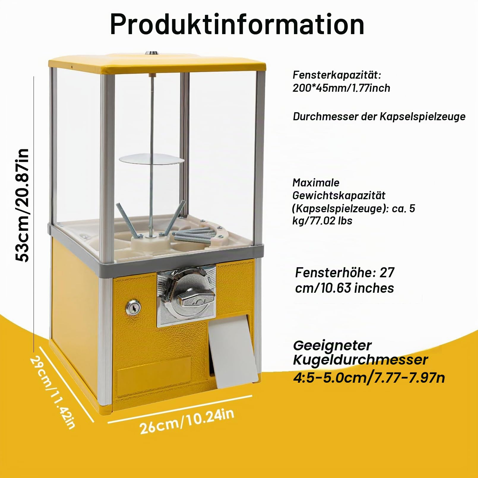 Verkaufsautomat mit Münzeinwurf,Großer Bonbon und Kaugummiautomat,Münzbetriebener Süßigkeitenautomat,Automatischer Kapsel Automat für Einzelhandelsgeschäfte,für Kapselspielzeug mit 4,5-5,5cm(Yellow,1