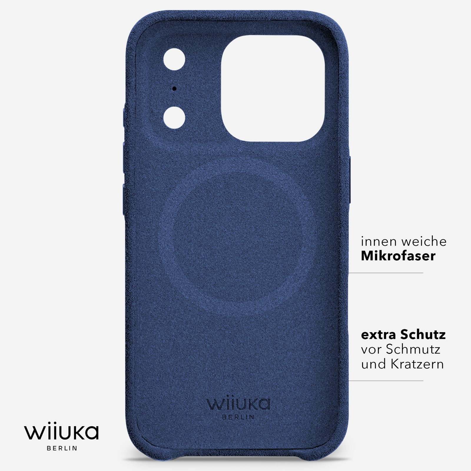 WIIUKA Etui do iPhone 17 Pro Max, oryginalne Alcantara®, ręcznie wykonane, bardzo cienkie, premium etui na telefon komórkowy, Case, Qi, alternatywa dla skóry, skiin Alcantara, niebieskie