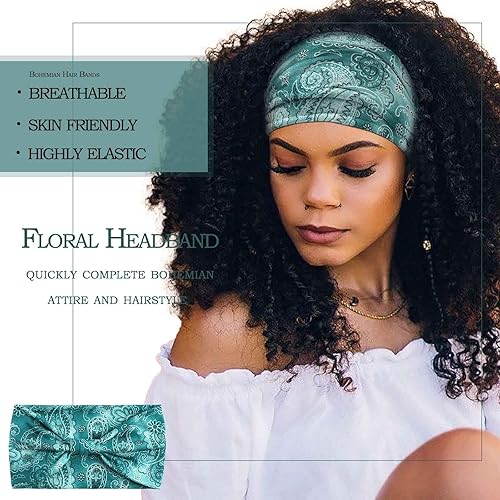 Vista 24 de Olbye Diademas anchas para mujer, diadema bohemia anudada, bandas elásticas antideslizantes para el cabello, diademas florales africanas, bandas