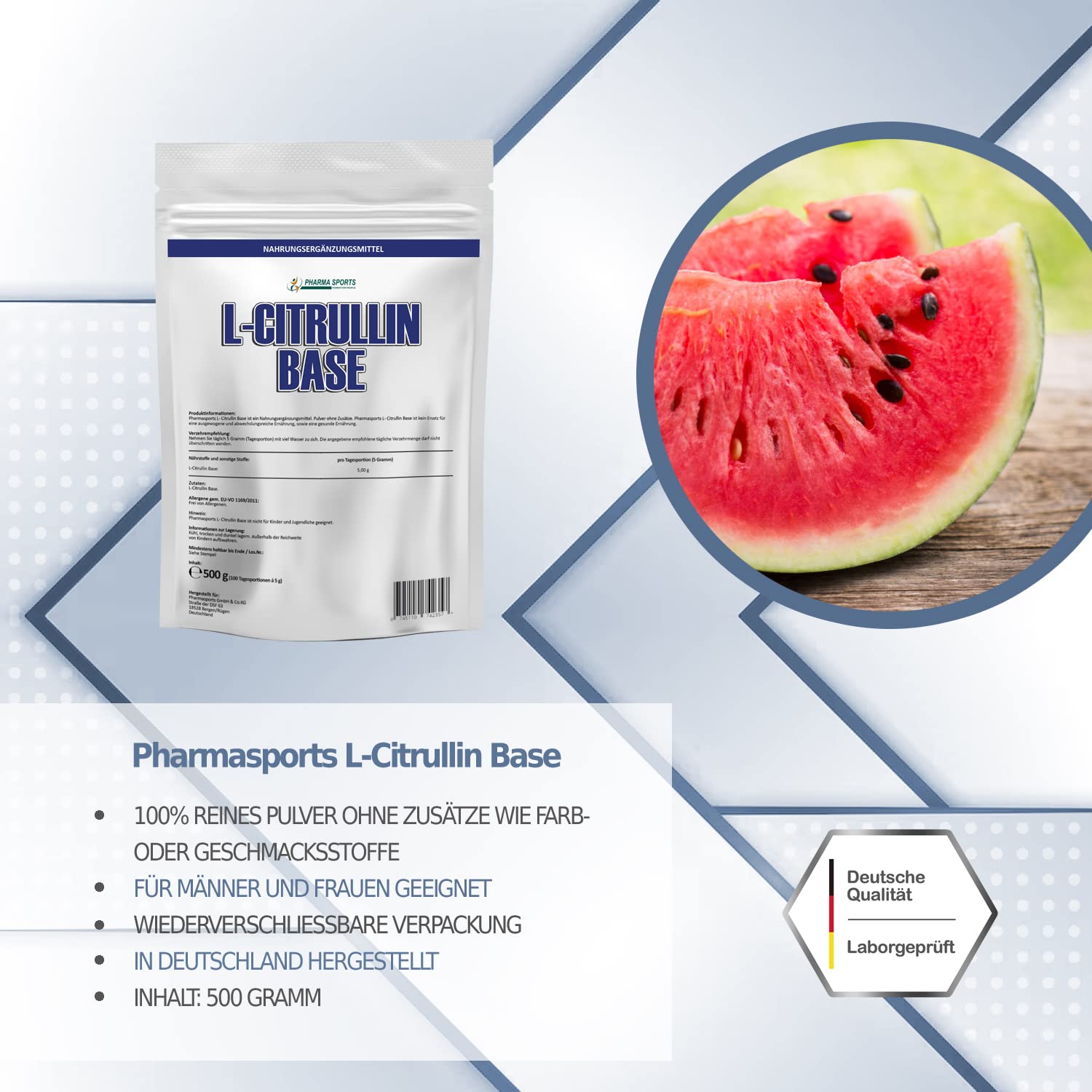 500g reines Citrullin Base 100% Pure Vegan Pulver Vitalstoff - Fitness Booster - steigert u verlängert Arginin Wirkung+Durchblutung