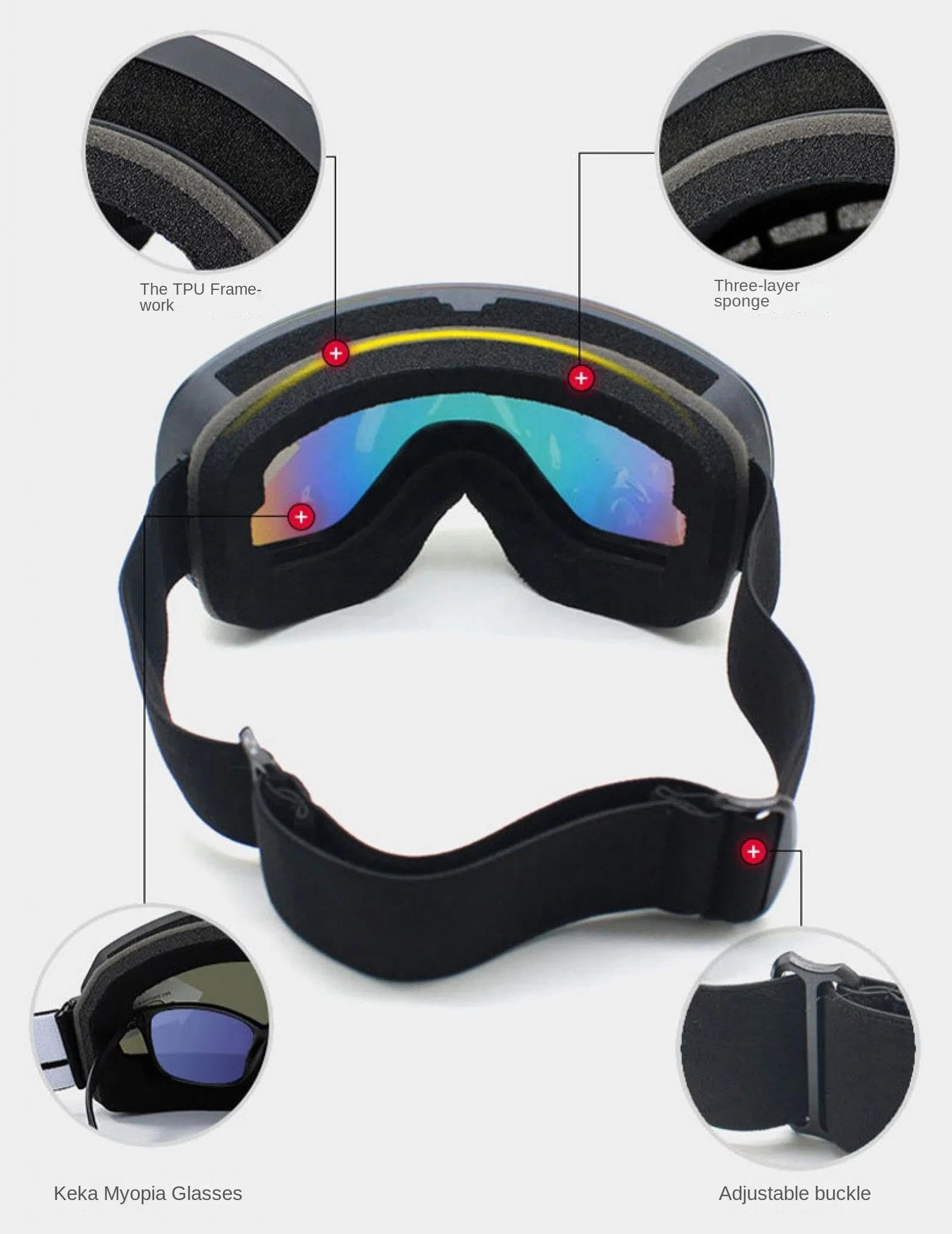 Lunettes de ski d'hiver en plein air, les hommes et les femmes peuvent porter des lunettes antibuée, coupe-vent et protection, peuvent porter des lunettes de ski pour la myopie, afin que les sports