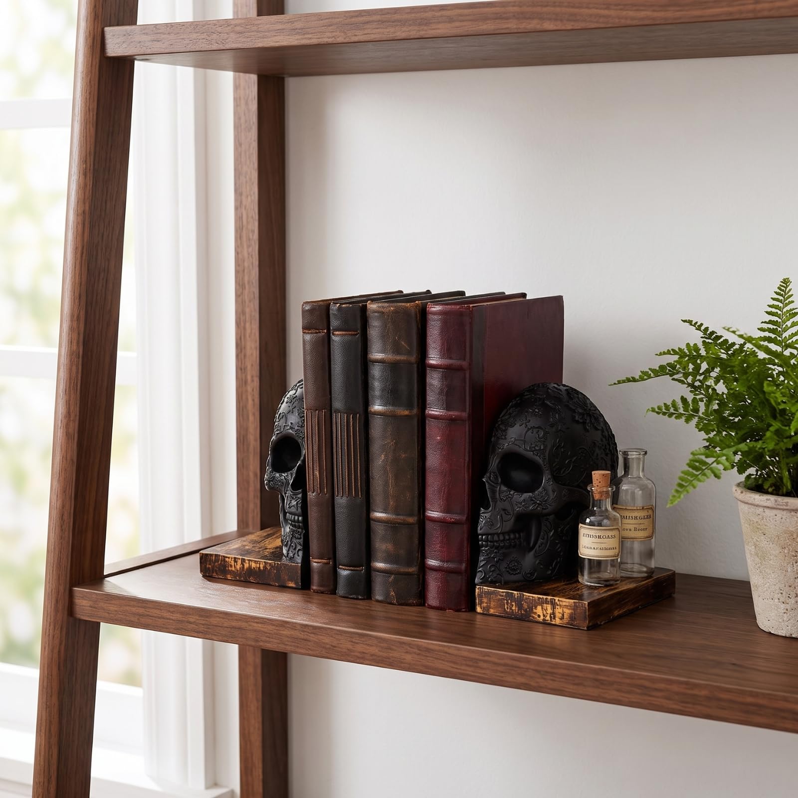 Skull Book Ends Gothic, Lifesize Human, wytrzymałe podpórki do książek na półki, ciężkie książki, czarna czaszka design podpórki do książek 7 x 5,1 x 6,3, upiorny wystrój