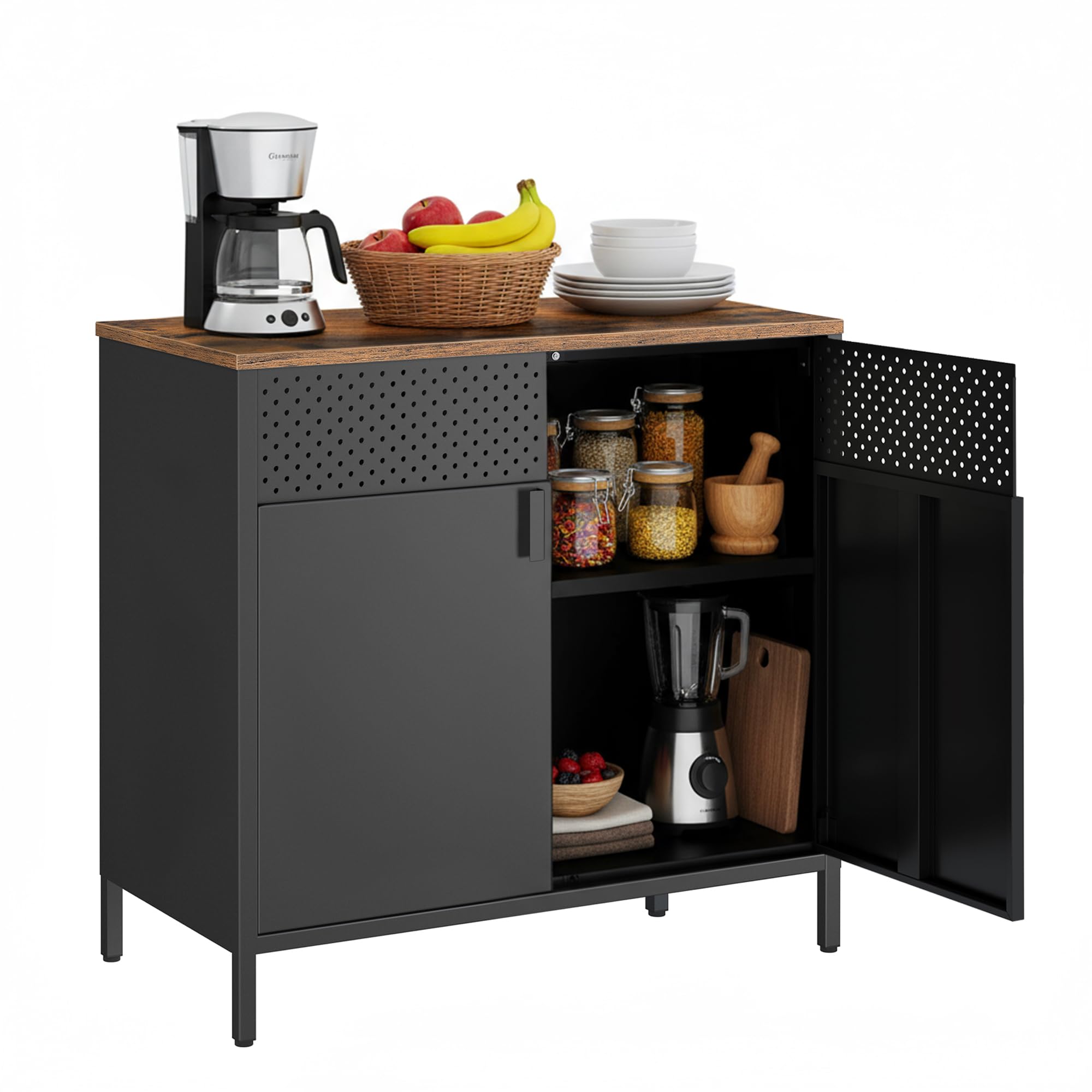 SONGMICS Storage Cabinet, Metal Sideboard, Double Door with Magnetic Closure, Adjustable Shelves, Steel Frame, 40 x 80 x 76 cm, Vintage Brown and Ink Black LSC102B01