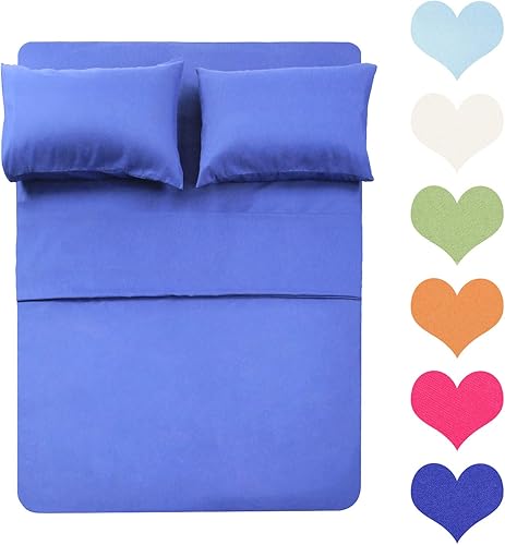 Juego de sábanas de algodón de 400 hilos tamaño matrimonial (color azul) 4 piezas, juego de sábanas 100% algodón de fibra larga, juego de sábanas de