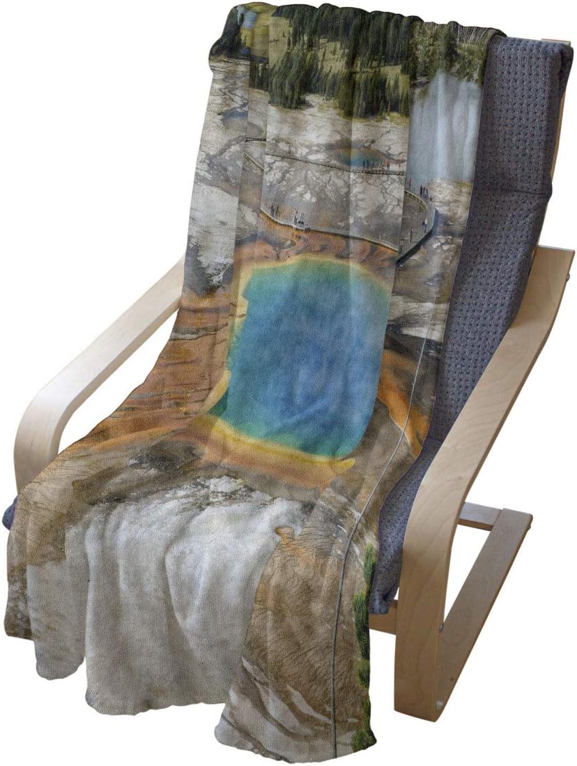 Lunarable Yellowstone Throw Blanket, Grand Prismatic Spring in Wyoming USA Geology Thermal Steam Geyser Photo, Flannel Fleece Accent Piece Soft Couch Cover for Adults, 70" x 90", Green Aqua