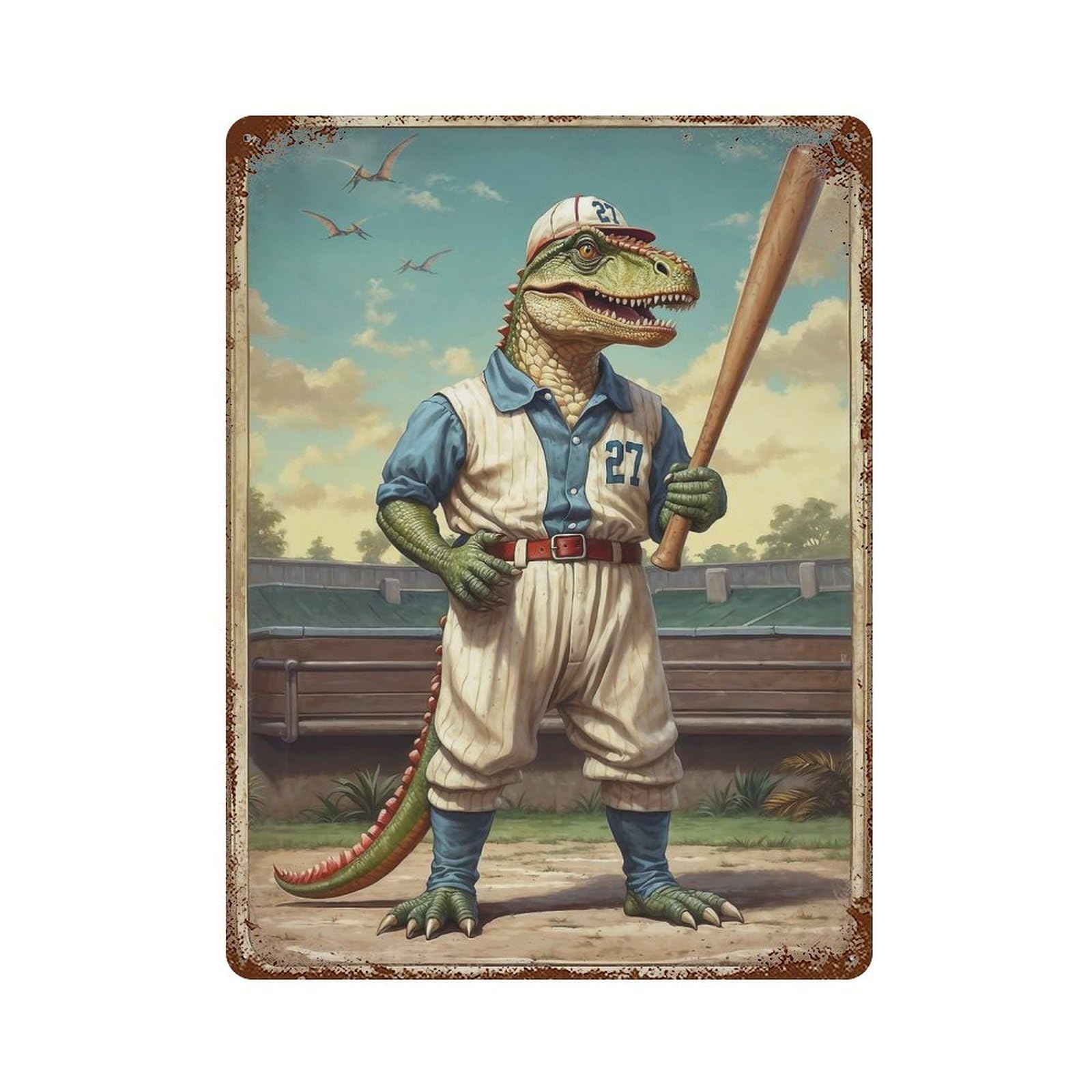 Cretaceous Dino Champ 27 15.7"x11.8" Weathered Tin Sign, Rustic Home Decor for Living Room, Hallway And Home Decor