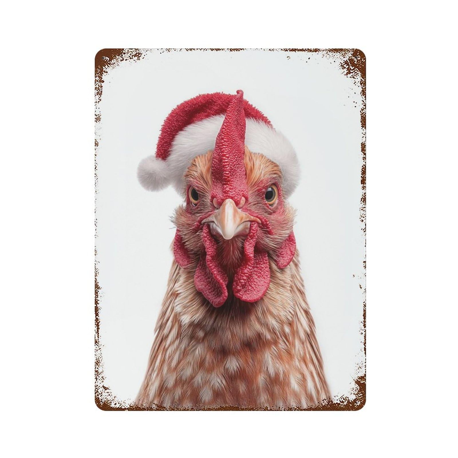 Retro Metal Sign with Festive Chicken with Santa Hat Design 15.7"x11.8", for Living Room, Hallway And Home Decor, Farmhouse Wall Decor