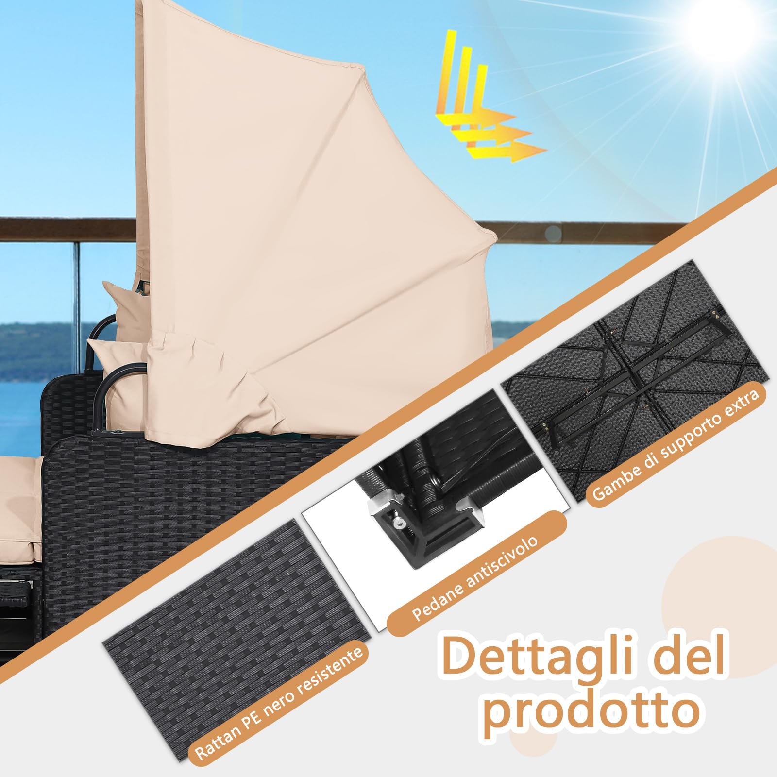 COSTWAY Lettino Prendisole per 2 Persone, Divano Letto Matrimoniale da Esterno in Rattan con Tettuccio Retrattile e Cuscini, Isola Prendisole per Giardino Cortile Balcone,165 x 153 x 138 cm (Beige)