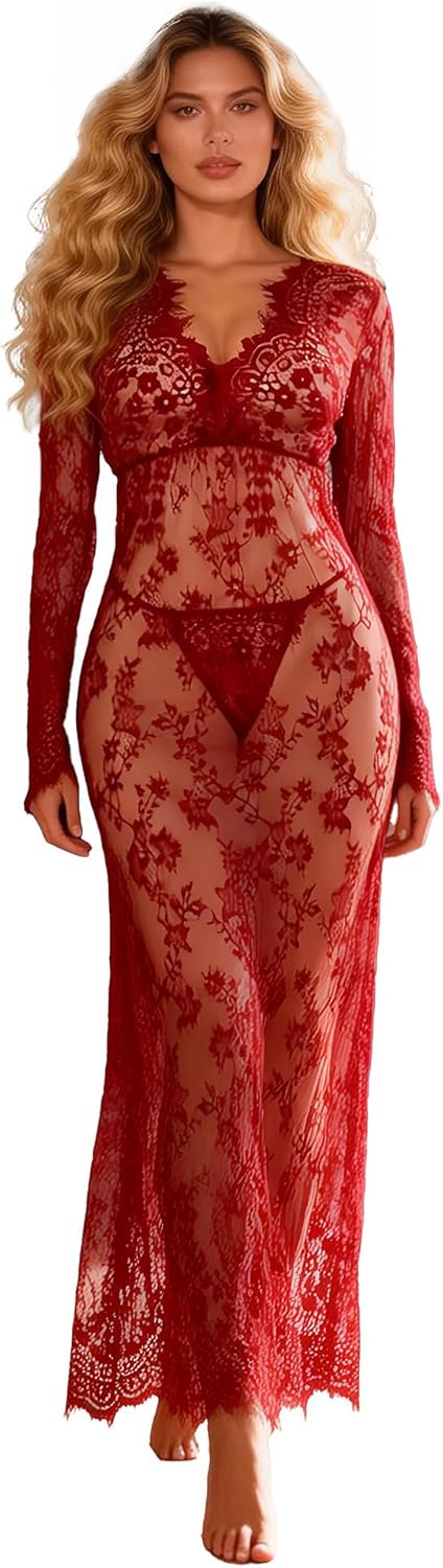ohyeah Plus Size Long Gown Lingerie Floral Lace Nightgown Lace Maxi Maternity Dress Big Size Long Sleeve Chemise