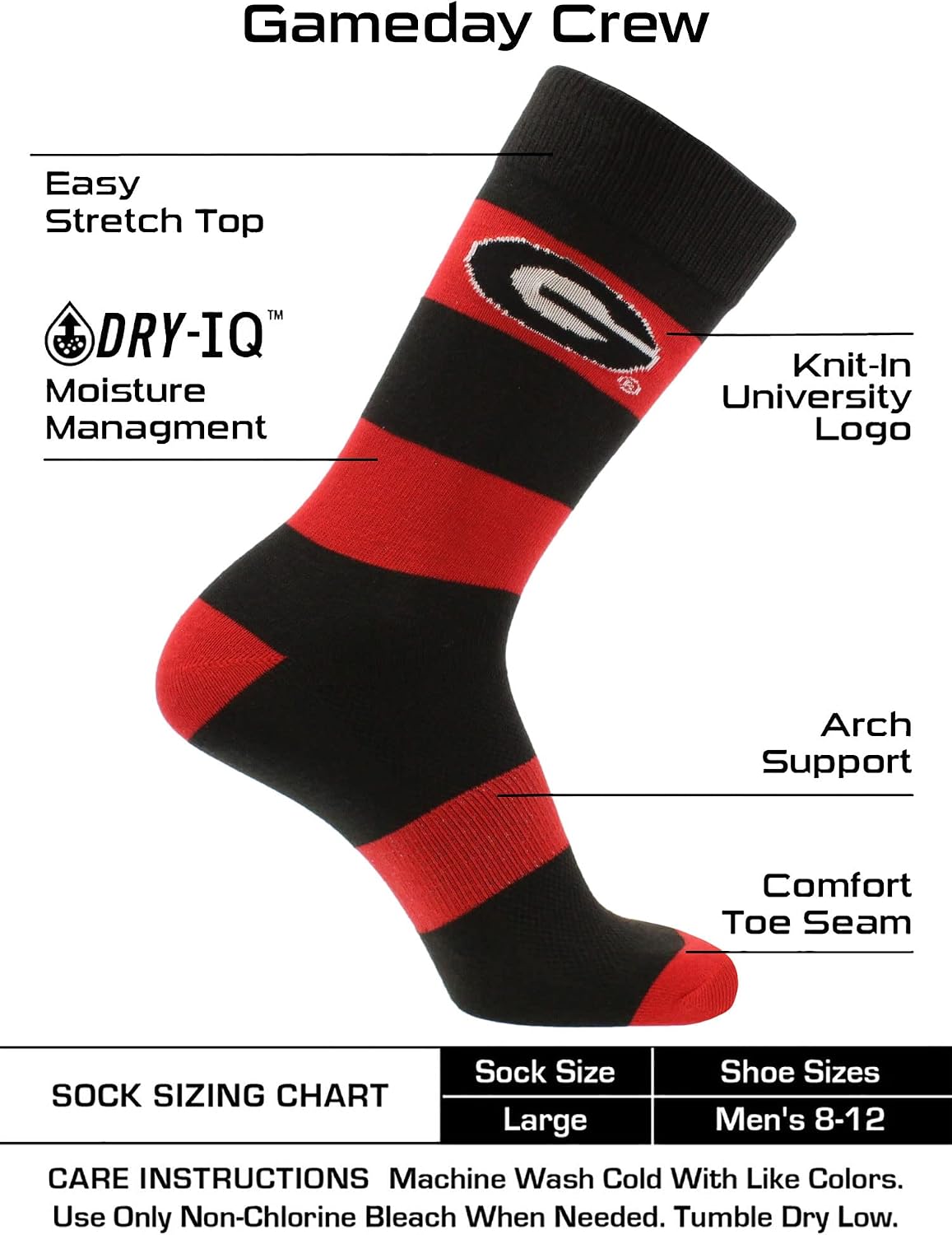 TCK NCAA College Team Striped Crew Socks - Men's Dress & Casual Game Day Apparel - Soft Breathable Polyester Blend, 1 Pair
