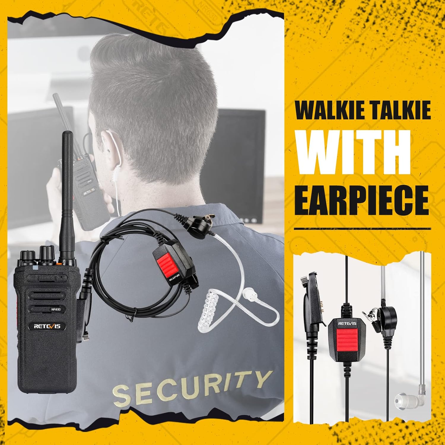 Image showing the Retevis NR630 radio with an earpiece connected, demonstrating hands-free communication