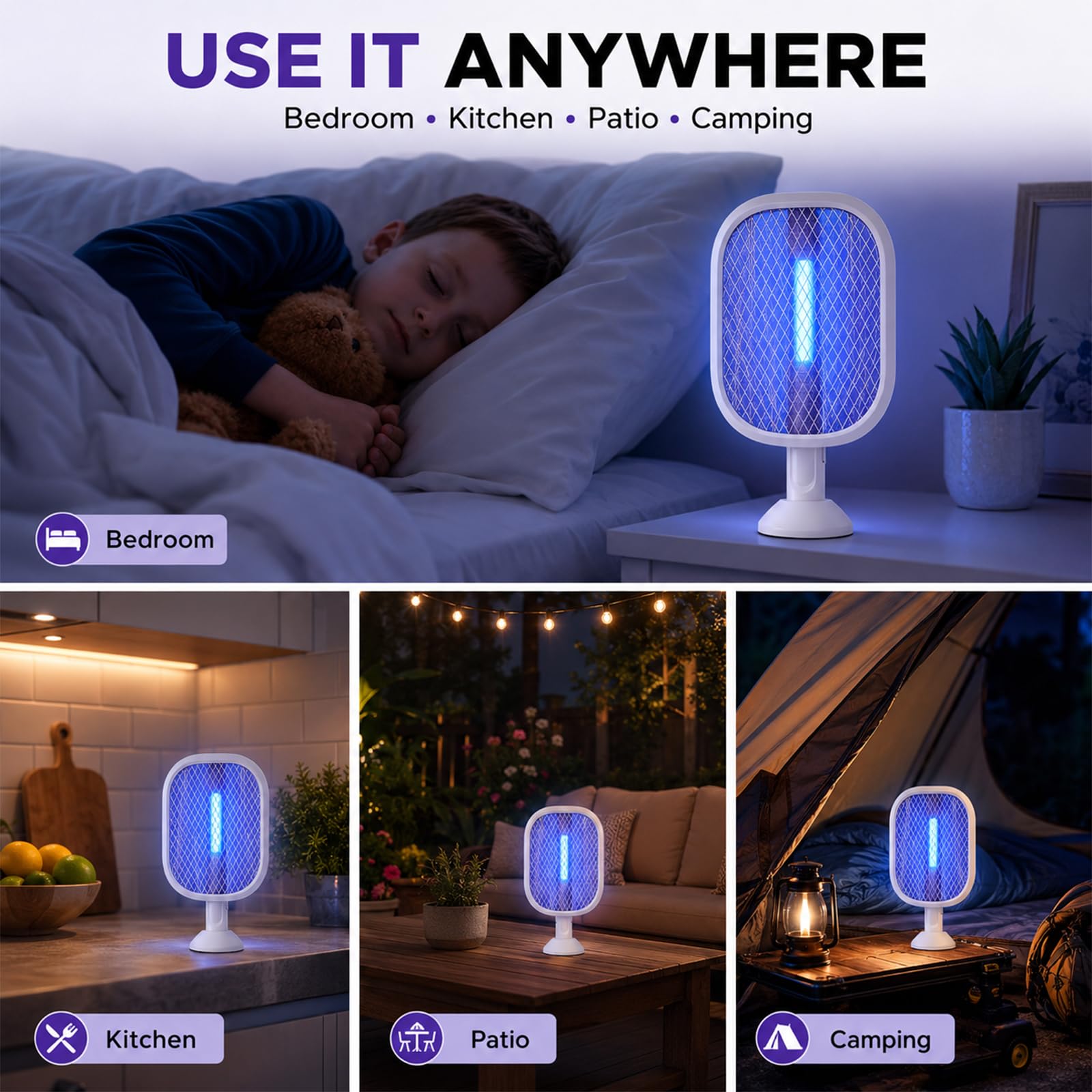 Elektrische Fliegenklatsche 5000V, 2 in 1 Mückenklatsche Elektrisch mit UV-Licht & Nachtlicht, 180° klappbarer Kopf, ausziehbar 61–72 cm, 2000mAh USB-C Akku, Insektenvernichter für Haus Camping