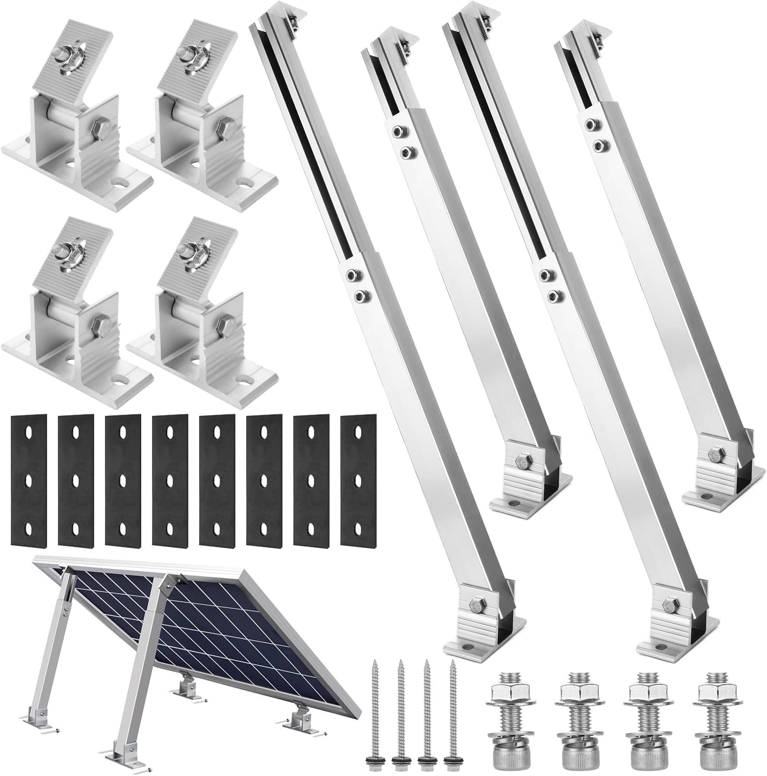 2 Set Adjustable Solar Panel Tilt Mount Bracket Aluminum Alloy Solar Panel Mounting Support up to 50 70 100 150 200 300 400 Watt Solar Panel for Flat Surface Roof RV Boat Off-Grid (Mount Only) Silver
