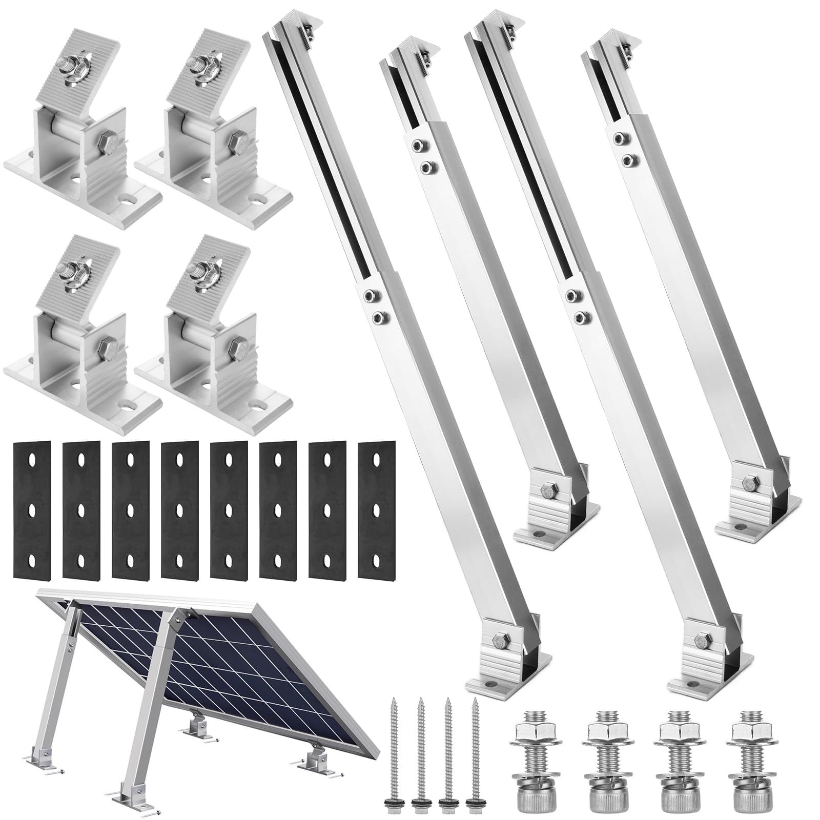 2 set adjustable solar panel tilt mount bracket aluminum alloy solar panel mounting support up to 50 70 100 150 200 300 400 watt solar panel for flat surface roof rv boat off-grid (mount only) silver