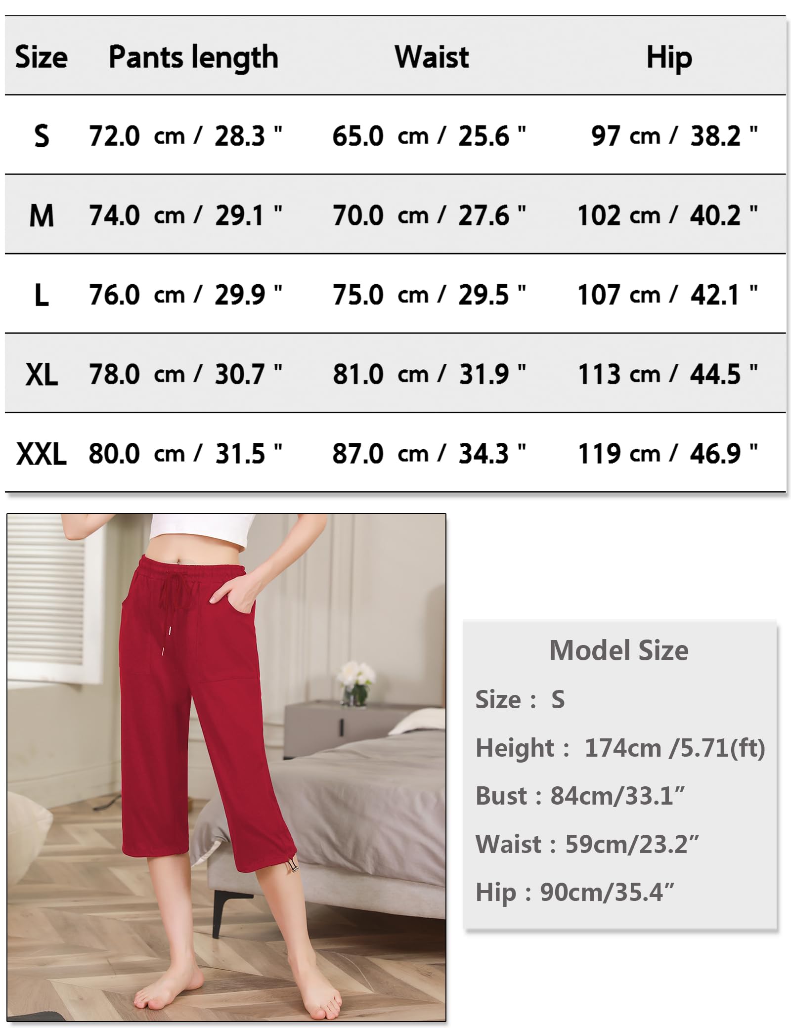 Totatuit Spodnie do biegania 3/4 damskie bawełniane spodnie sportowe i rekreacyjne fitness Legginsy, Czerwone wino, M