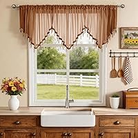 Vista 18 de WUBODTI Cenefas transparentes para ventanas de sala de estar, cortina triangular de encaje con cuentas de cristal, 51 pulgadas de ancho x 24 Beige