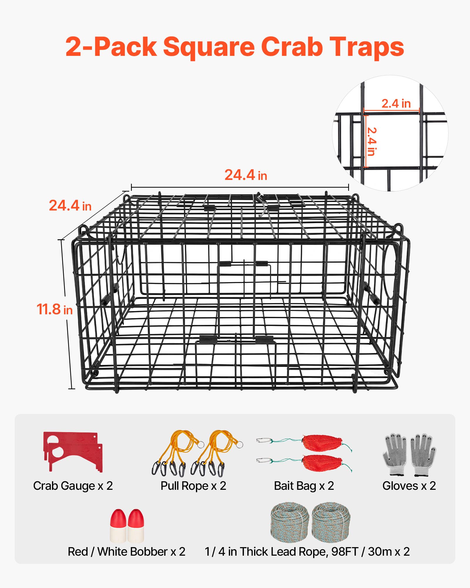 VEVOR Krabbenfalle 2er-Pack, 62 x 62 x 30 cm Krabbenreuse für Dungeness Crabs, PVC-beschichtetes Drahtgeflecht, inkl. 30 m Bleileine, Boje (Rot+ Weiß) und Handschuhen, Angelzubehör für Salzwasser