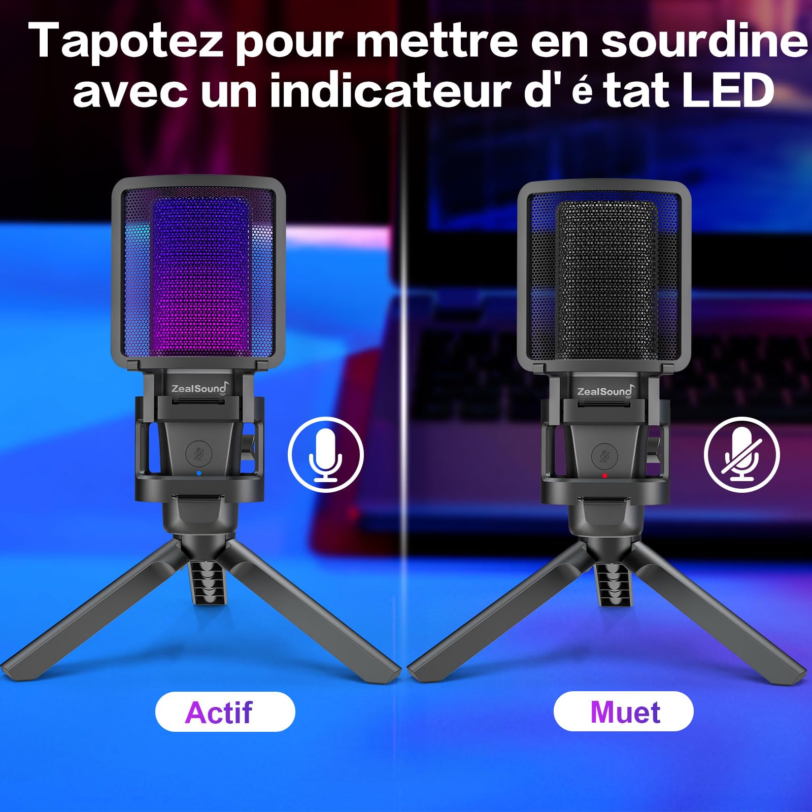 zealsound Micro Gaming, Microphone USB pour PC, Portable, Bureau, et Téléphonem, PS4, PS5, Mac, pour Streaming Podcast,avec Adaptateur de Type C, Contrôle RGB, Sourdine,Support Anti-Choc