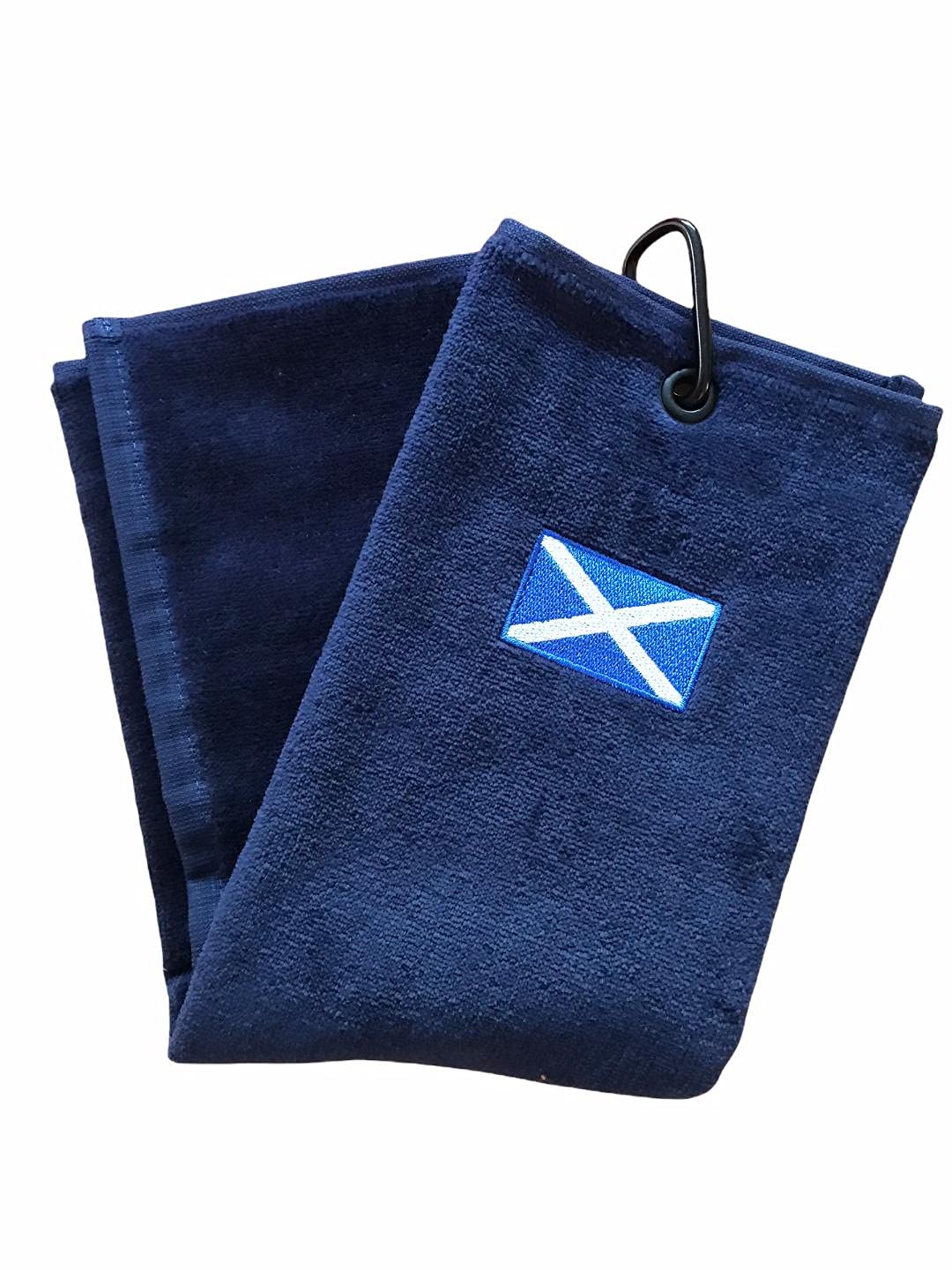 STEVEPRICEGOLF SCOTLAND CRESTED TRI FOLD GOLF TOWEL, NAVY BLUE, 18 BY 20 INCHES.