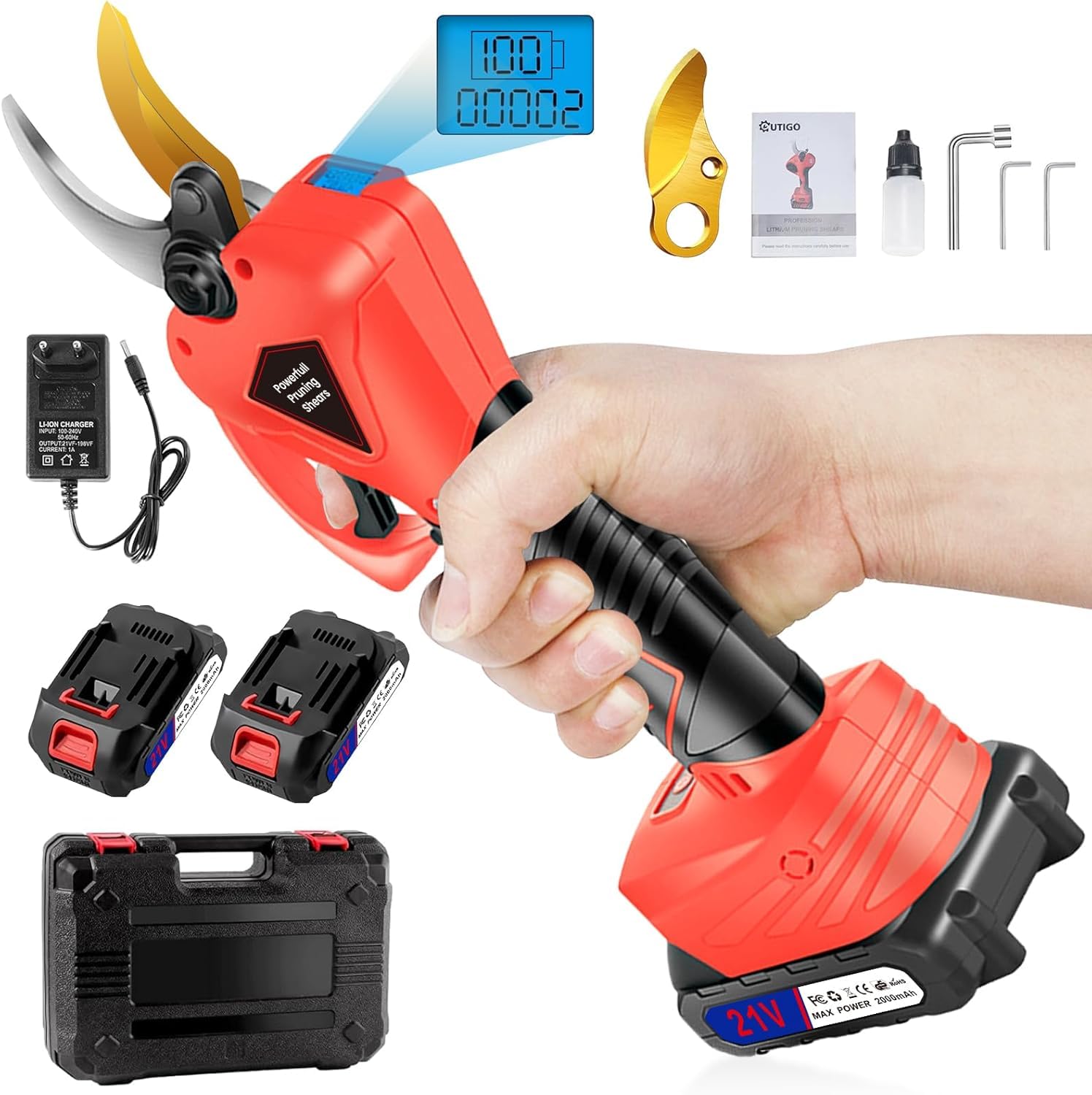 Tijeras de Podar a Batería Profesional con 2 Baterías de 2000mAh Máximo 50 mm, Cuchillas Afiladas Sk7 Motor sin escobillas de tijeras de podar con pantalla LCD para huertos y jardines de viñedos