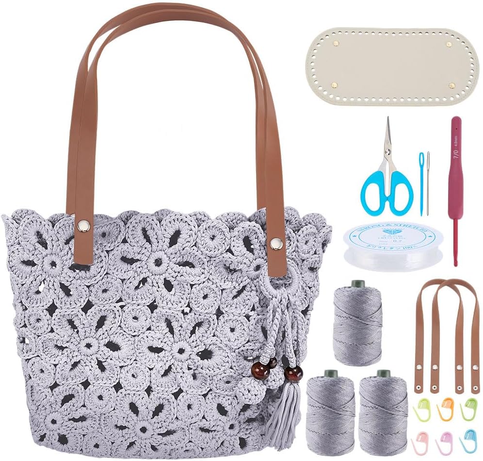 ORIGACH DIY Crochet Handbag Kit, Hollow Out Flower Crochet Tote Bag with PU Leather Band Base Beaded Tassel Include Yarn, Crochet Hooks, Markers Instruction and Video Tutorials, Light Khaki