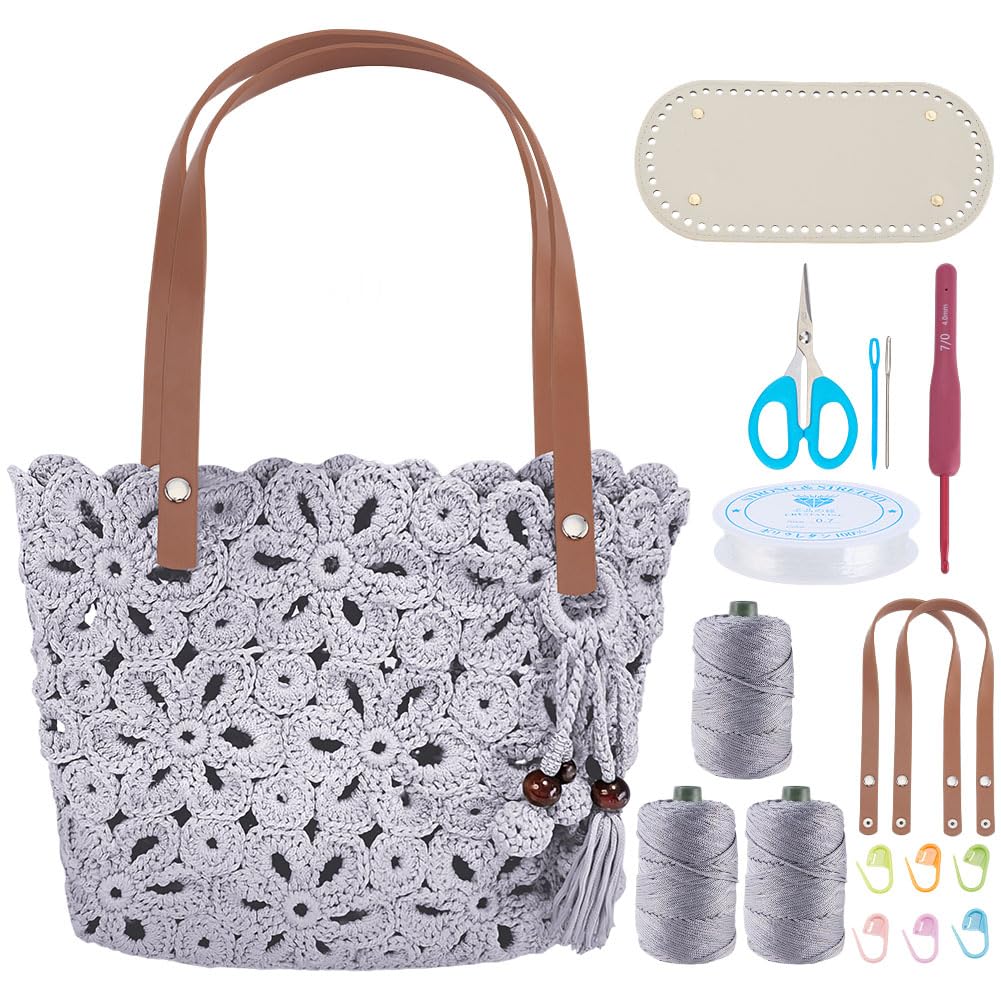 ORIGACH DIY Crochet Handbag Kit, Hollow Out Flower Crochet Tote Bag with PU Leather Band Base Beaded Tassel Include Yarn, Crochet Hooks, Markers Instruction and Video Tutorials, Grey