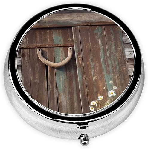 Pastillero redondo con estampado de madera de herradura rústica, 3 compartimentos, pastillero portátil para medicina diaria, suplemento vitamínico