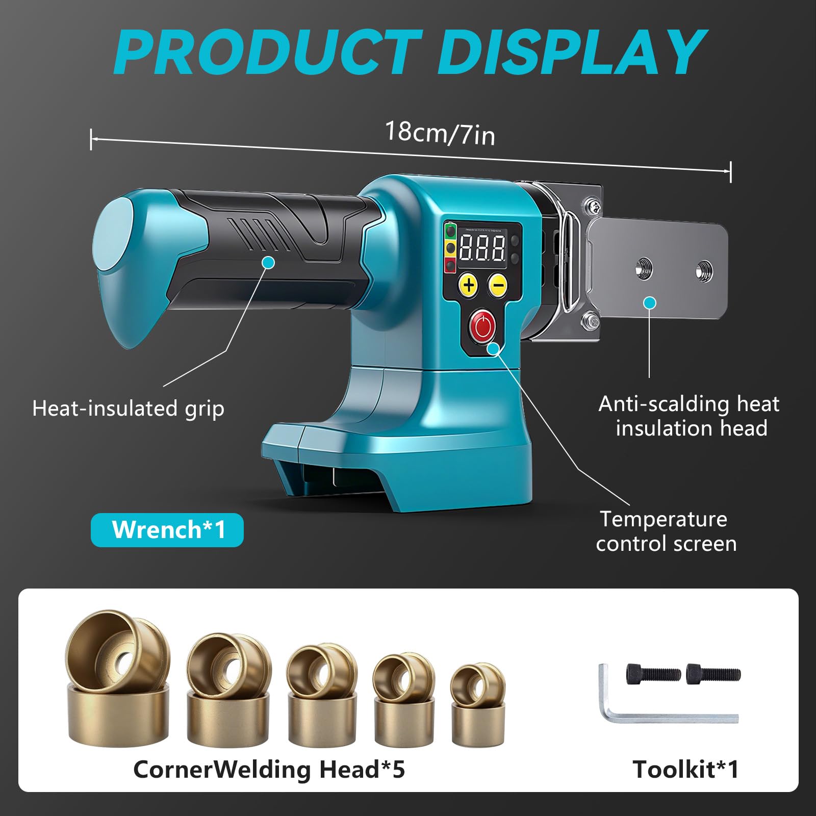 Soldador de tubos de plástico inalámbrico compatible con batería Makita de 18 V (sin batería), máx. 320 °C, máquina de soldadura eléctrica de plástico con pantalla digital y 5 cabezales de troquel