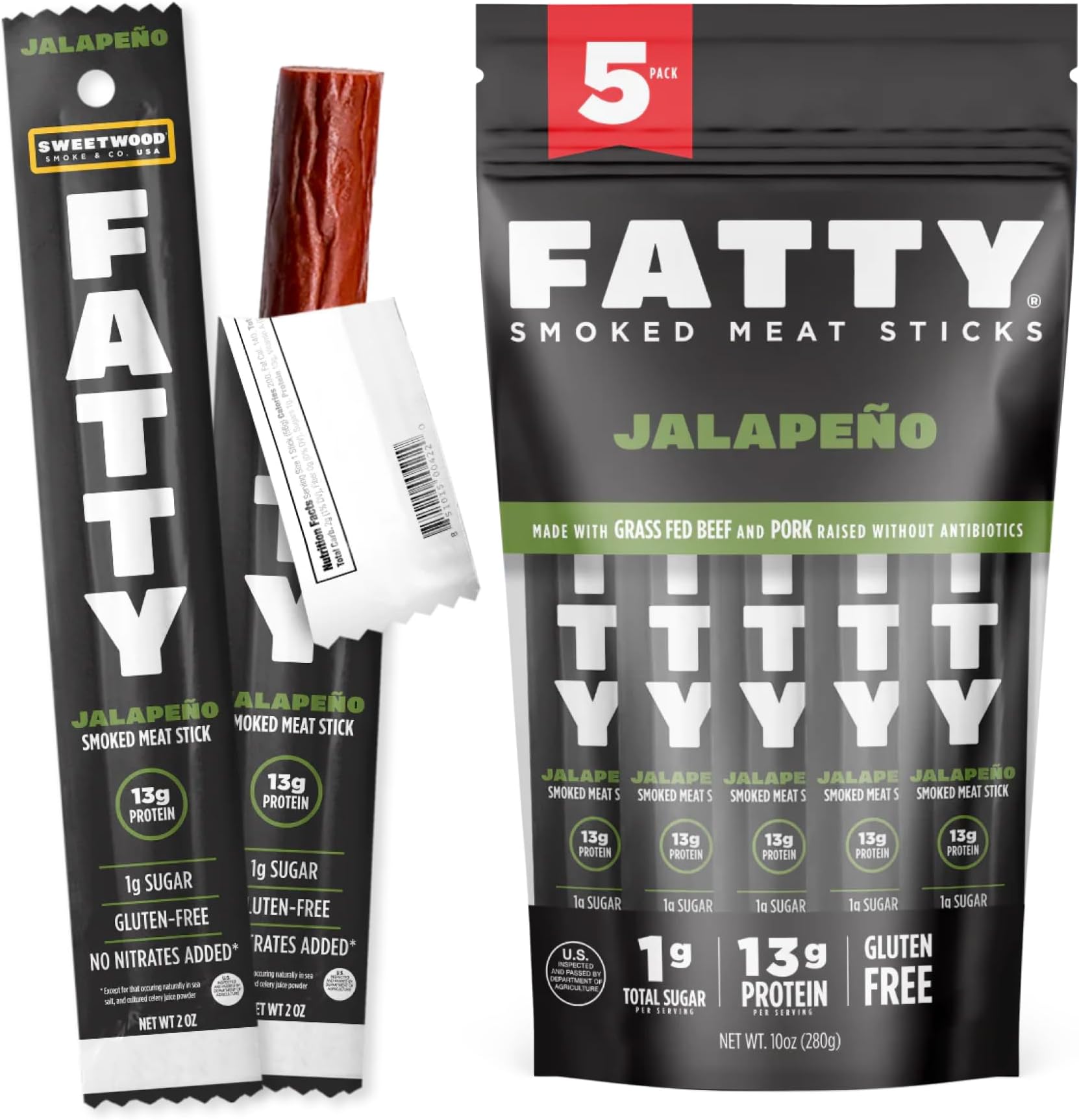 Sweetwood Smokehouse Fatty Meat Stick | Jalapeno Flavor | 5 Pack | 2 oz Sticks | USA Grass Fed Beef, Antibiotic Free Pork | Keto, Gluten Free, Slow Smoked Meat Snack | No Nitrites or Added MSG