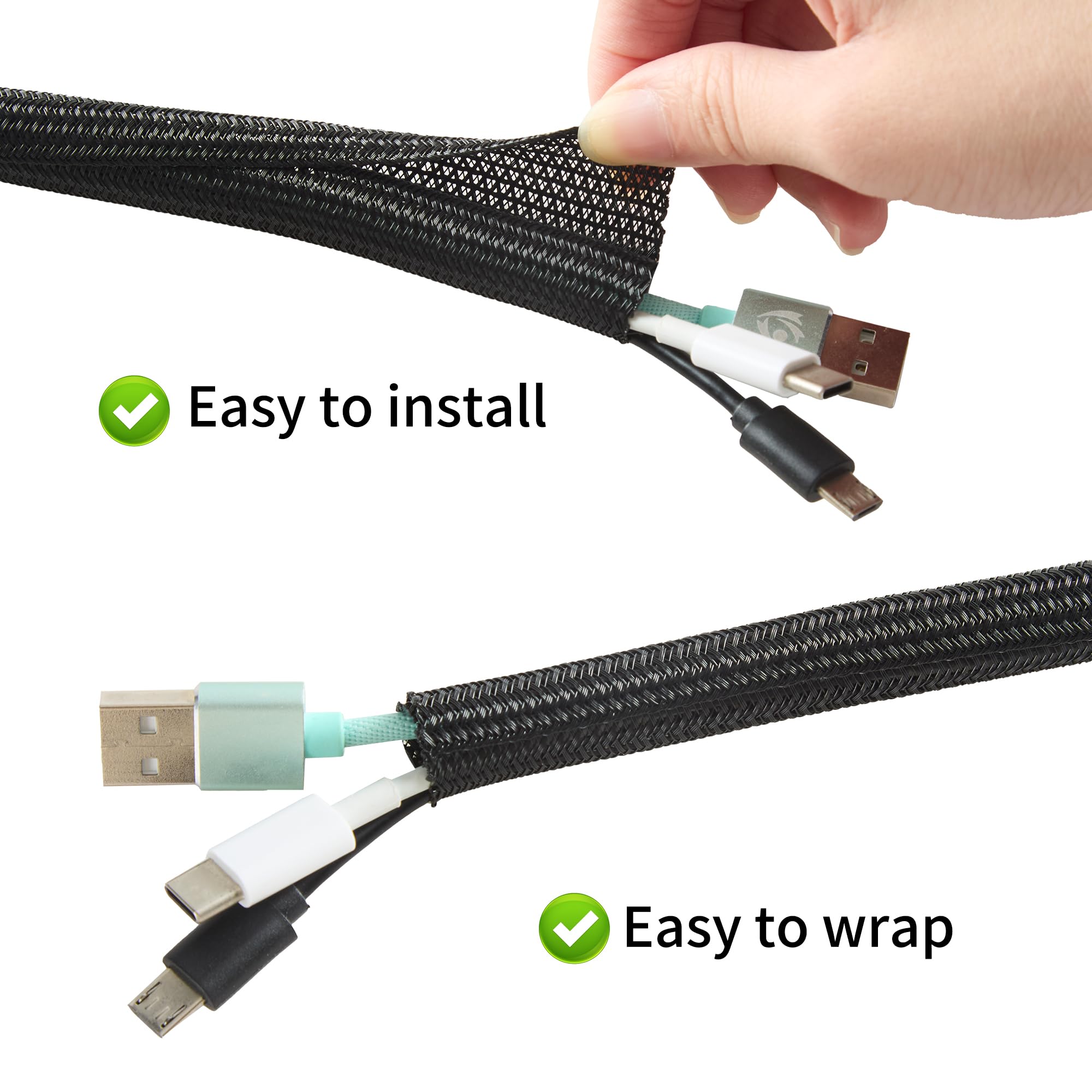 Guaina per cavi intrecciata espandibile da 3/4", 7,6 m, protezione per cavi USB, cavi di alimentazione, cavi audio/video, resistente guaina per gestione dei cavi, colore nero
