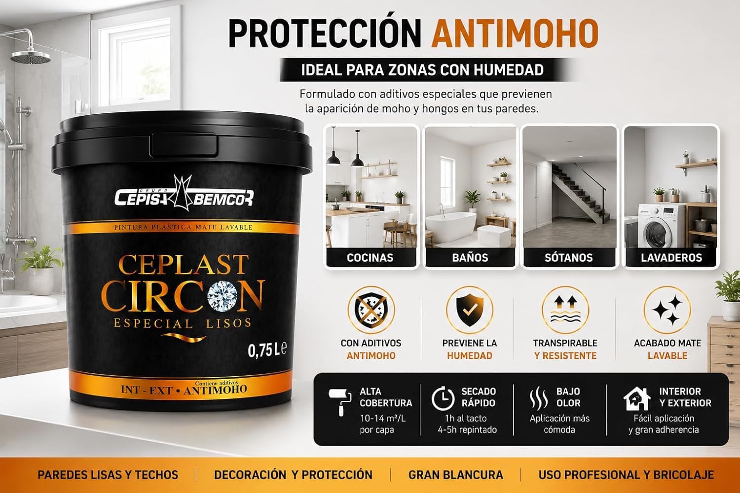 Pintura Antimoho CIRCON Interior Mate | Protección Contra Humedad, Moho y Condensación | Alta Cobertura y Acabado Profesional | Disponible en 0,75L, 4L (4 Litros)